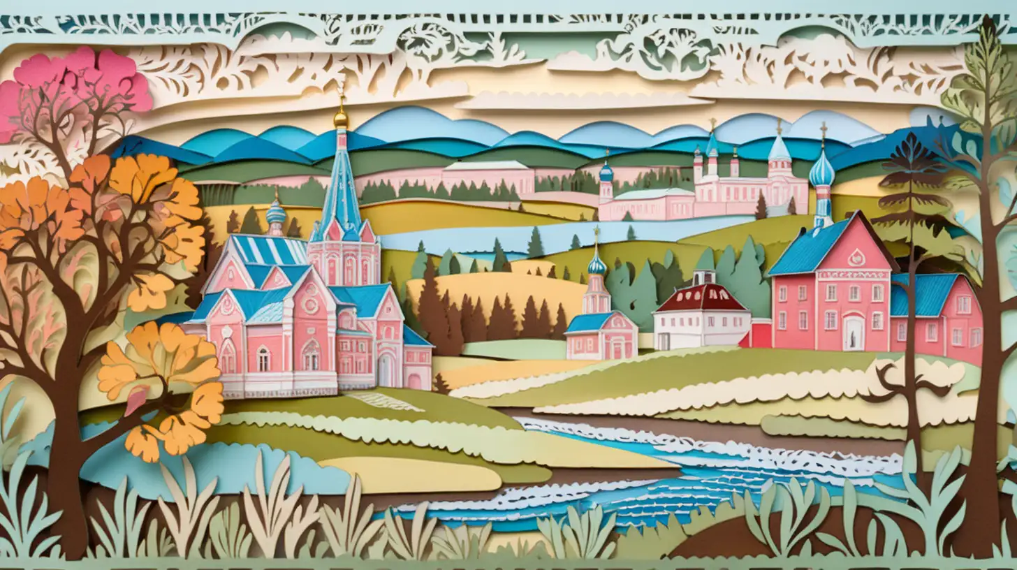 Colorful 19th Century Russian Province Paper Cut Landscape