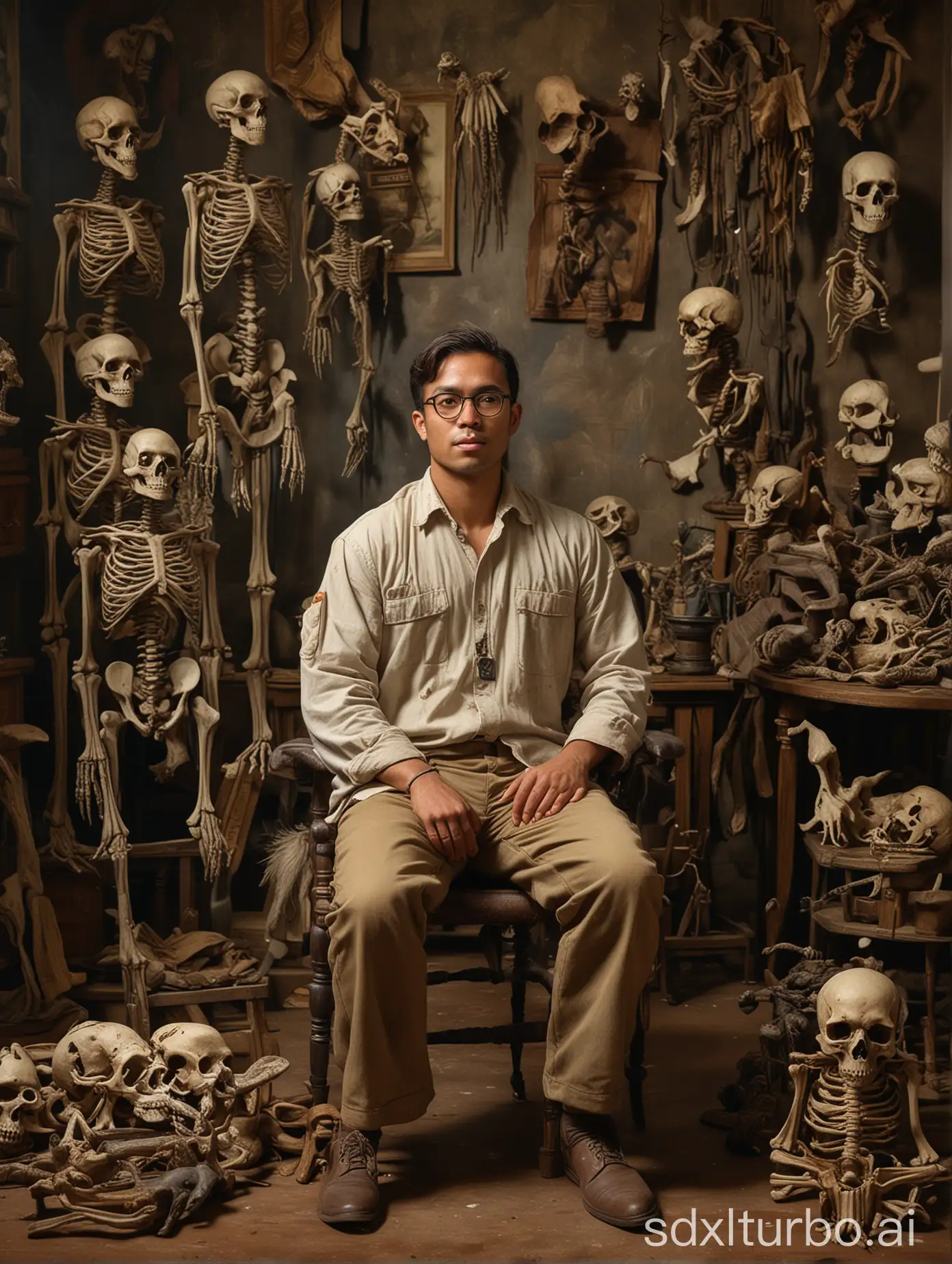 A full-body shot of a paleontologist, of Java-Borneo descent guy with shoulder-length dark brown hair, wearing eyeglasses, in a traditional painter costume, sitting on a chair. With a background of a room full of cabinets containing animal skeletons and taxidermies.  in the style of oil painting.