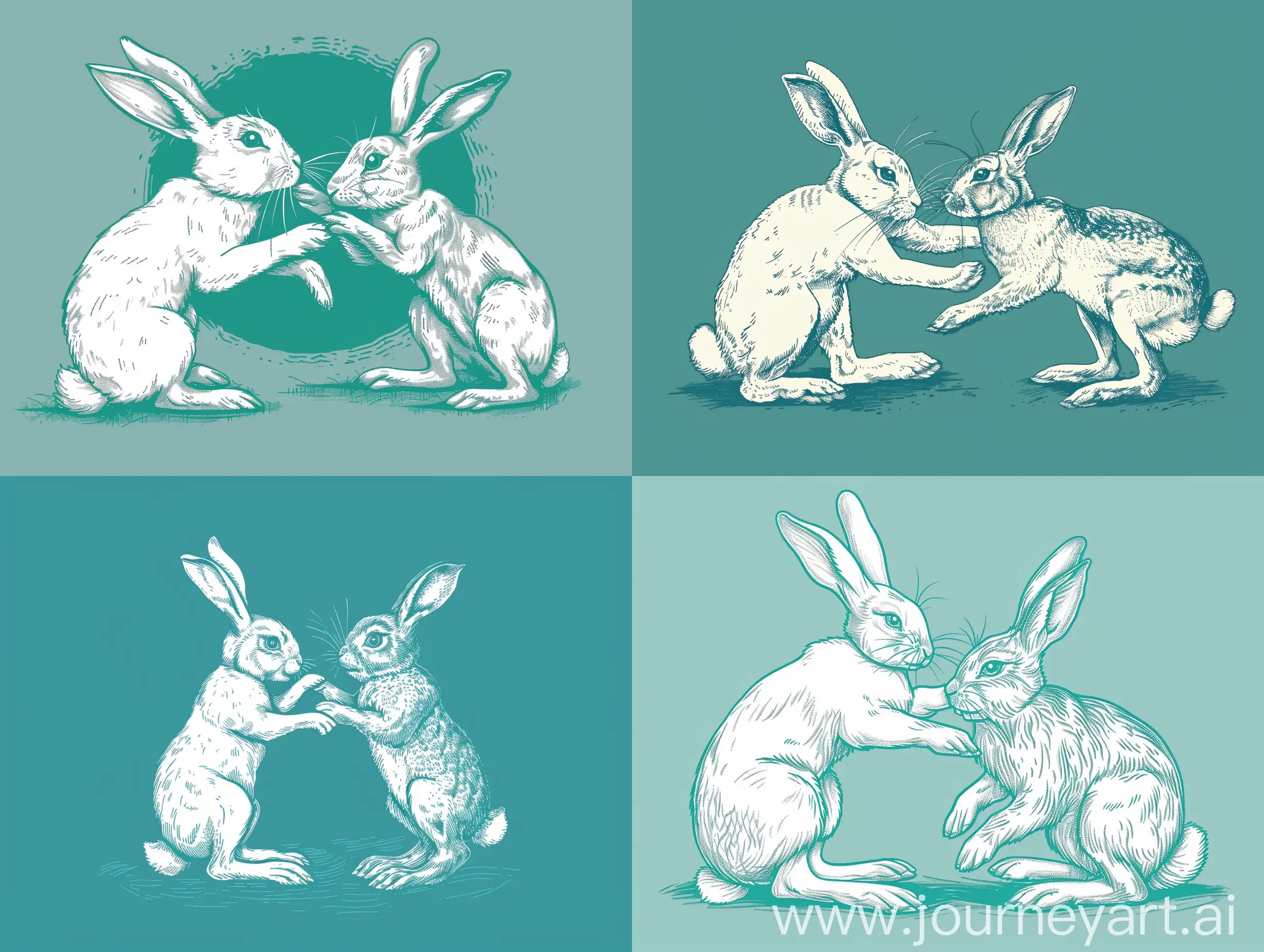 A white female rabbit beating a male rabbit in turquoise tones. Draw a logo.