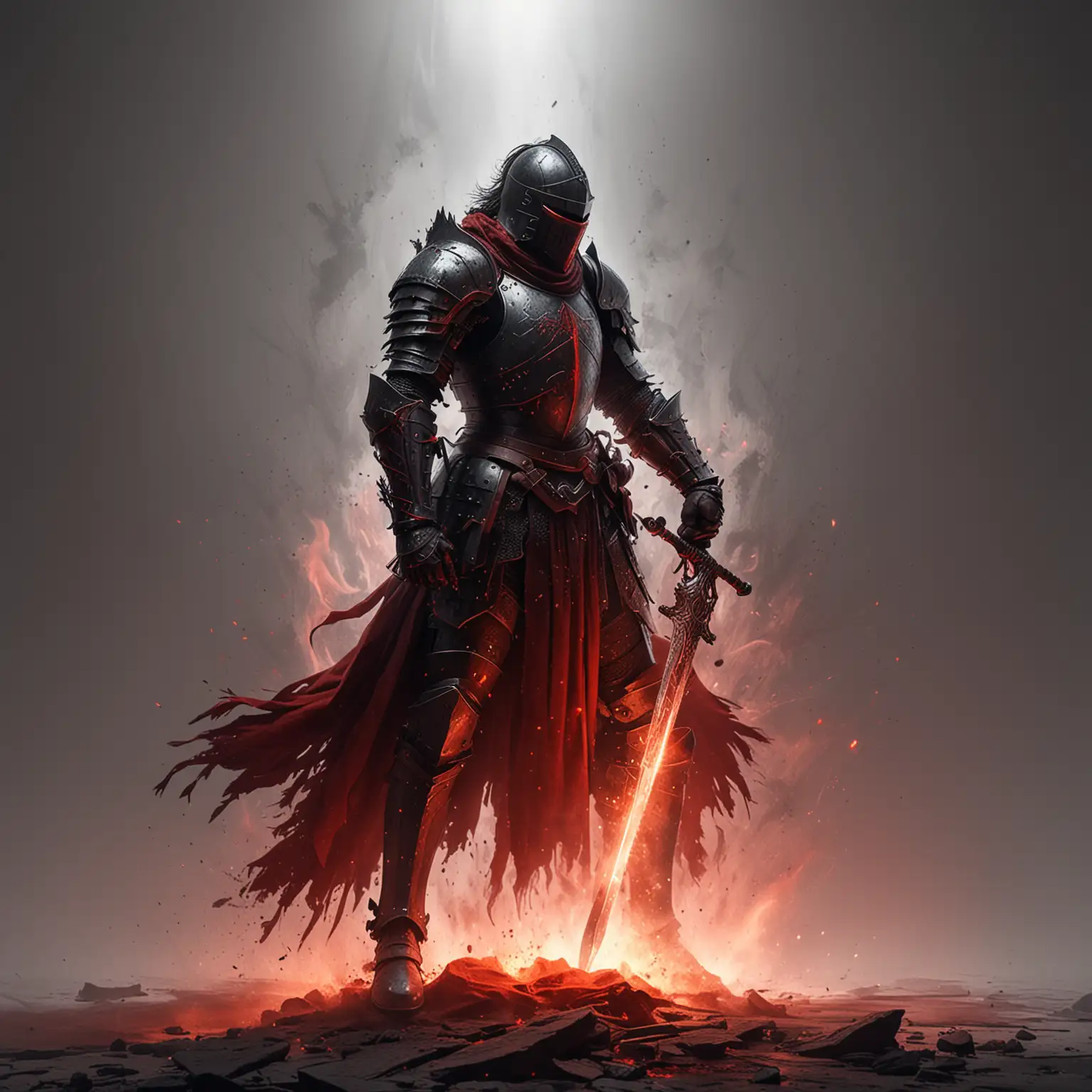 Knight Kneeling with Glowing Red Sword in Smoke Detailed Digital Art