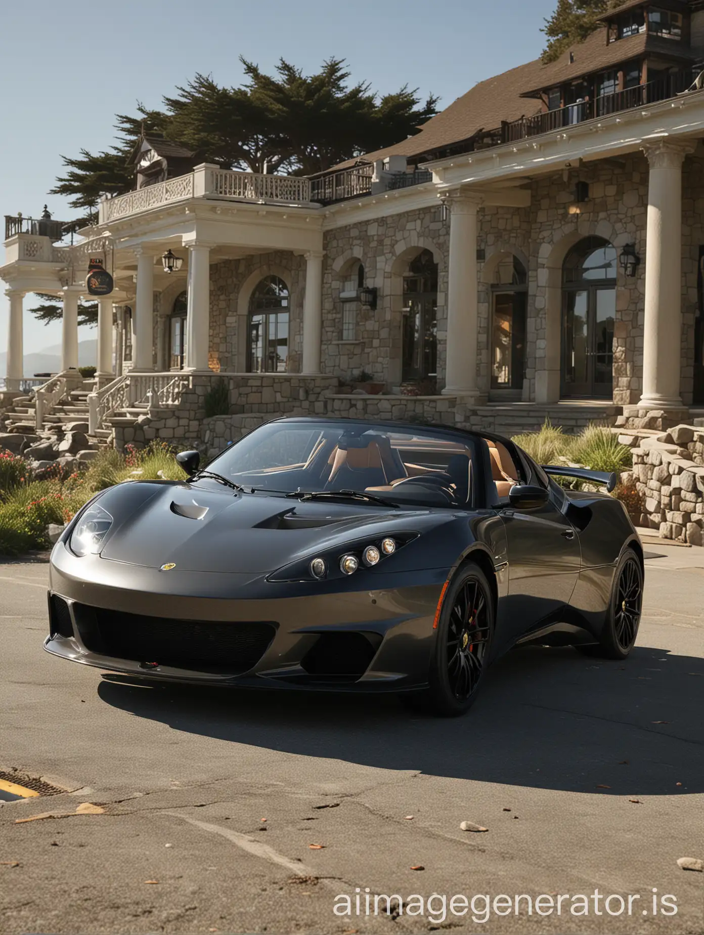 Carbon grey 2010 Lotus Evora, (Roadster , Targa), black rims, at pebble beach, photo realistic, warm sunlight