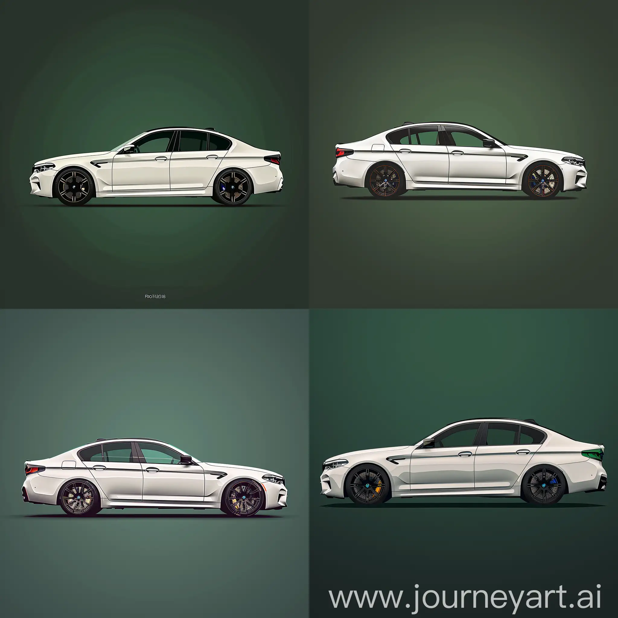 Hyper Minimalism 2D Car 2/3 View Digital Art of: White BMW M5 2018, Simple Dark Green Background, Procreate Software, High Precision