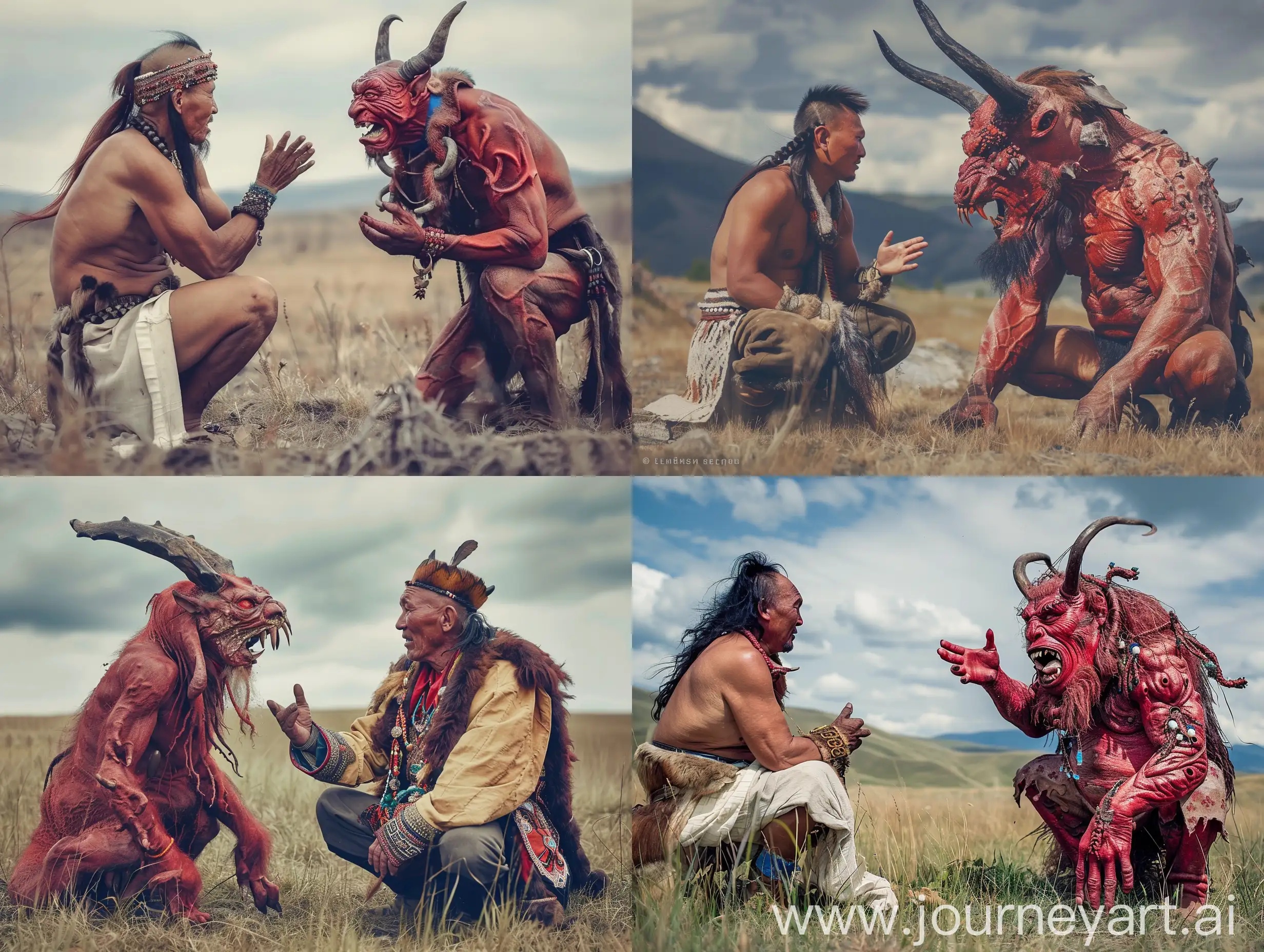 A muscular mongolian shaman is talking to a horrible red demon in the steppe of Altai, a prize-winning photo, a big tambor