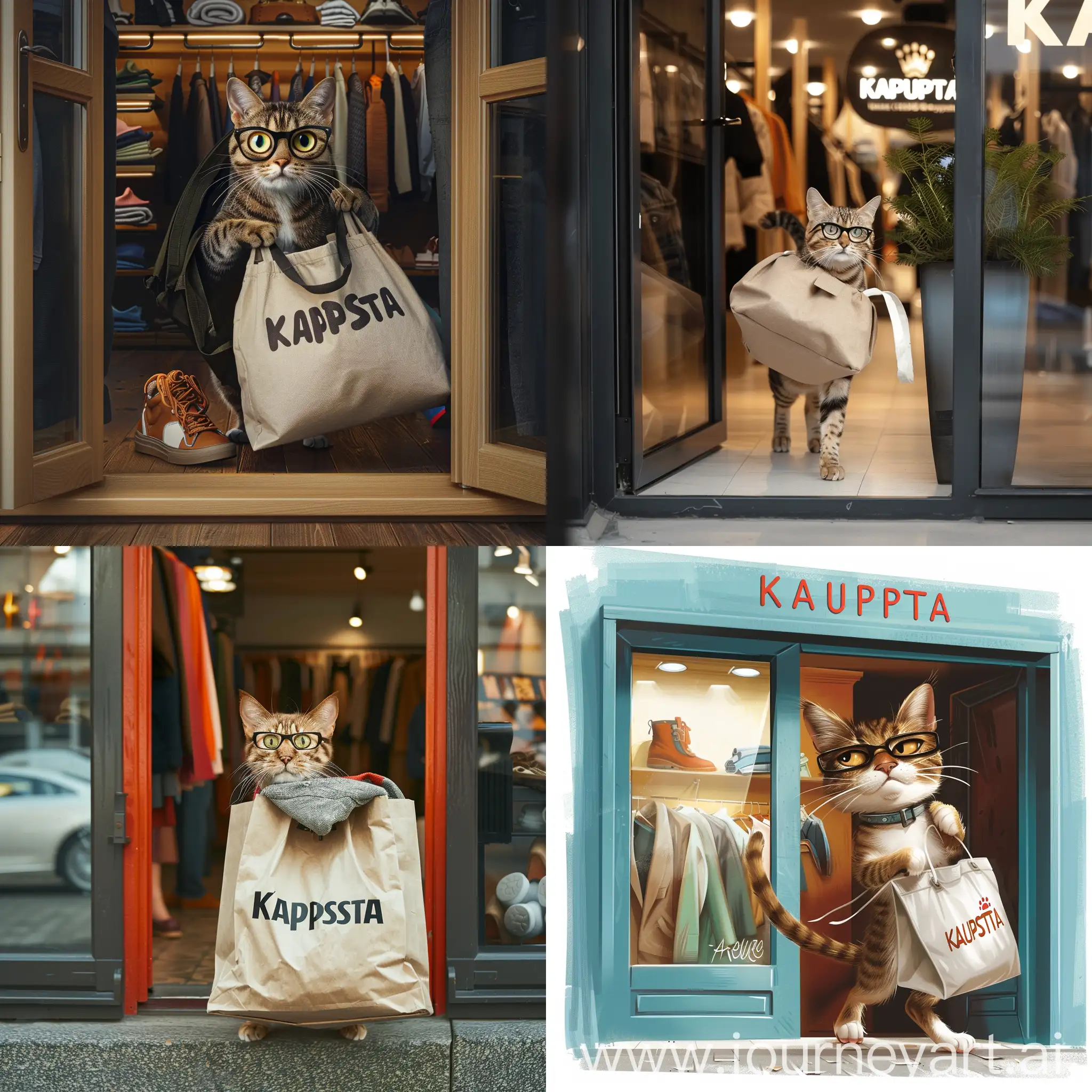 Кот в очках с сумкой вещей выходит из магазина современной одежды и обуви «Kapusta 
