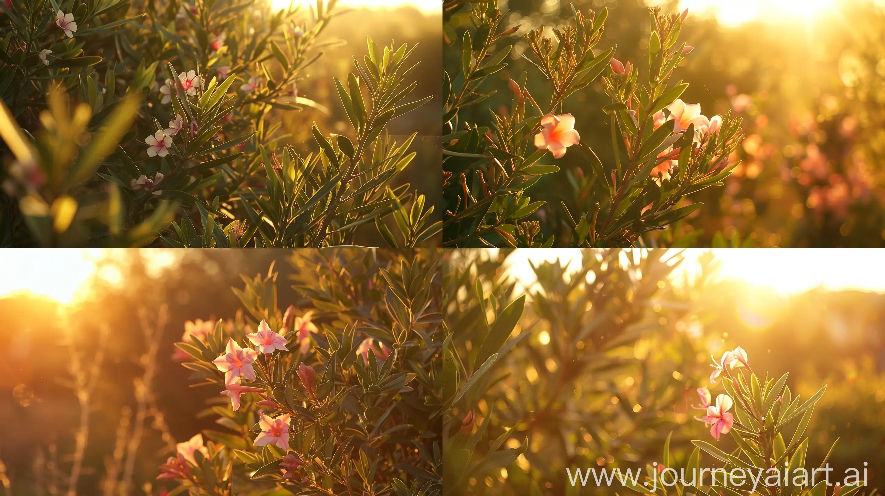 High detailed photo capturing a Oleander, Austin Pretty Limits. The sun, casting a warm, golden glow, bathes the scene in a serene ambiance, illuminating the intricate details of each element. The composition centers on a Oleander, Austin Pretty Limits. Selected by Kevin Hurd of Austin, Texas, ‘Austin Pretty Limits’ is super floriferous and the perfect plants for hot climate. These evergreen shrubs thrive with little care and are very tolerant of heat and drought, rabbits, armadillos, air pollution, salt. The image evokes a sense of tranquility and natural beauty, inviting viewers to immerse themselves in the splendor of the landscape. --ar 16:9 