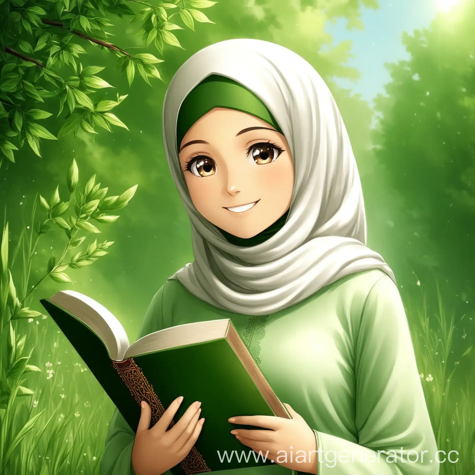 The girl in Islam looks at nature and smiles, holding a book.