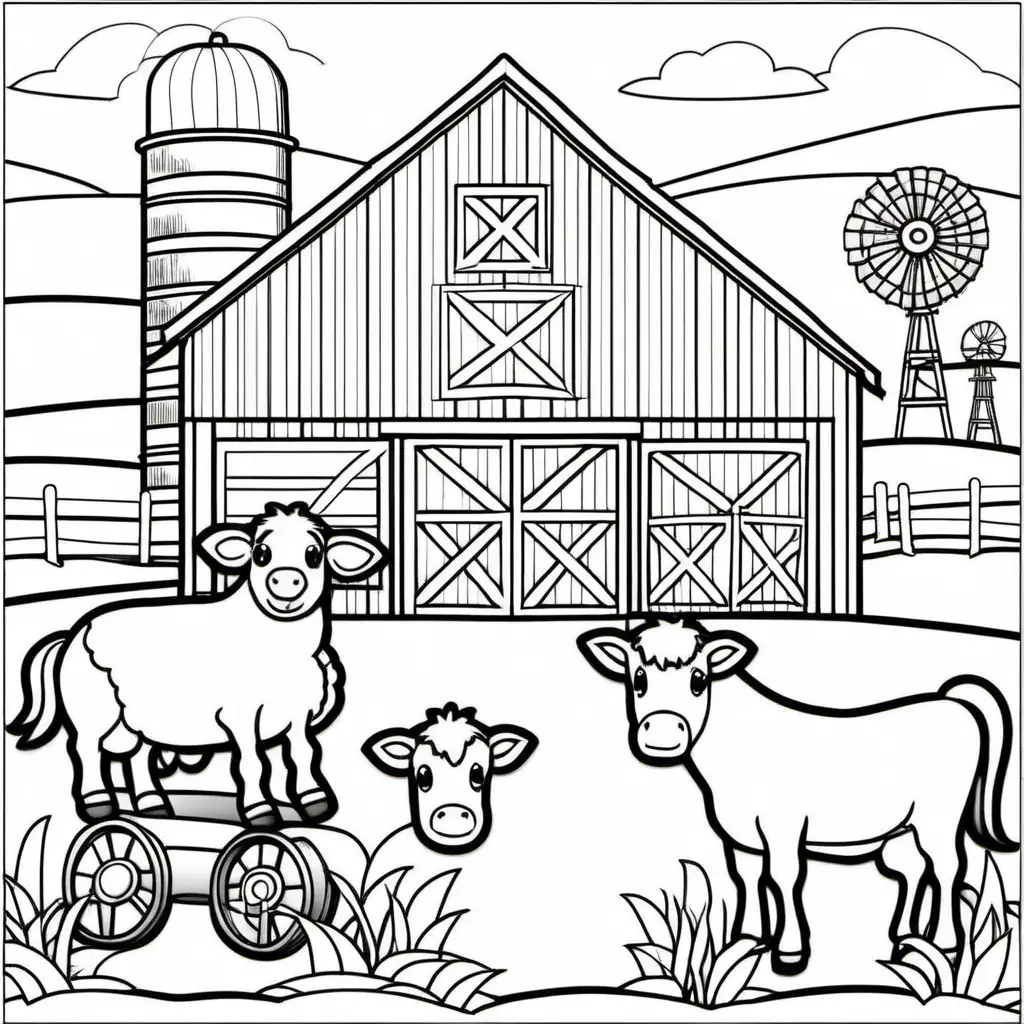 PEACEFUL FARM WITH A BARN AND ANIMALS
 COLORING IMAGES WITH THEIR SAMPLE
