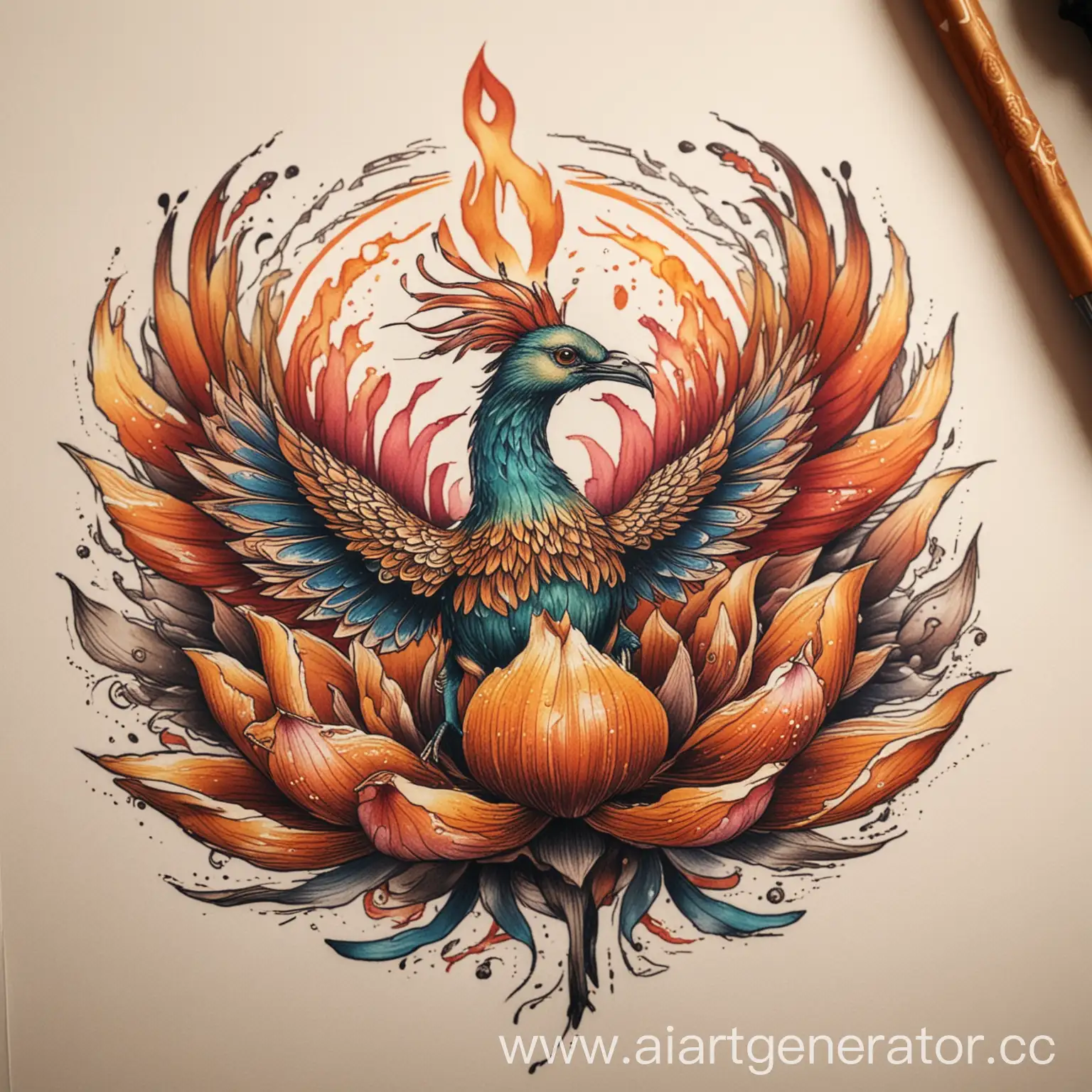 Majestic-Phoenix-Hovering-Over-Lotus-Vibrant-Graphic-Illustration-with-Intricate-Tattoo-Sketch-Details