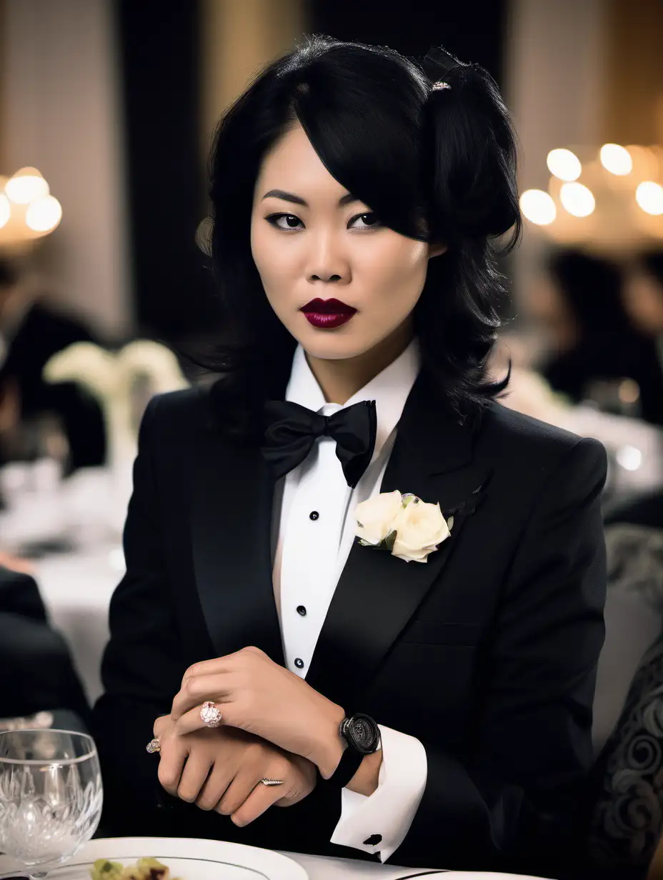 Sophisticated-Vietnamese-Woman-in-Black-Tuxedo-at-Dinner-Table