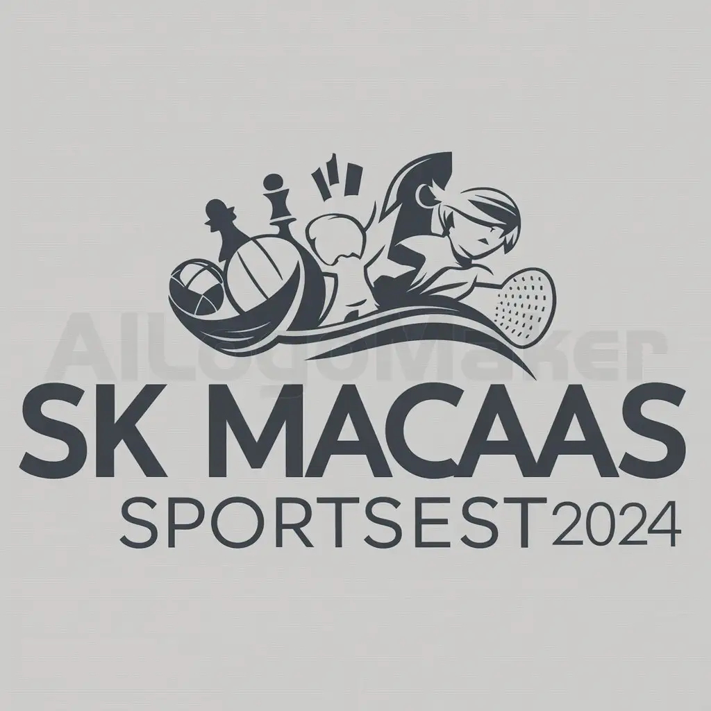 a logo design,with the text "SK MACAAS SPORTSFEST 2024", main symbol:sports like volleyball, chess, badminton, mobile legends etc.,Moderate,be used in Entertainment industry,clear background