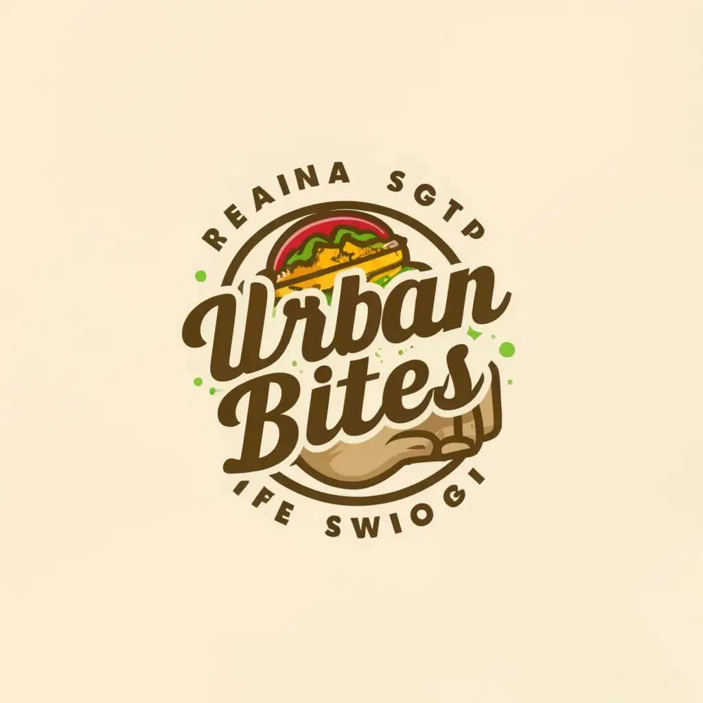 a logo design,with the text "URBAN BITES", main symbol:delicious sandwich held by hand in a city,Moderate,clear background