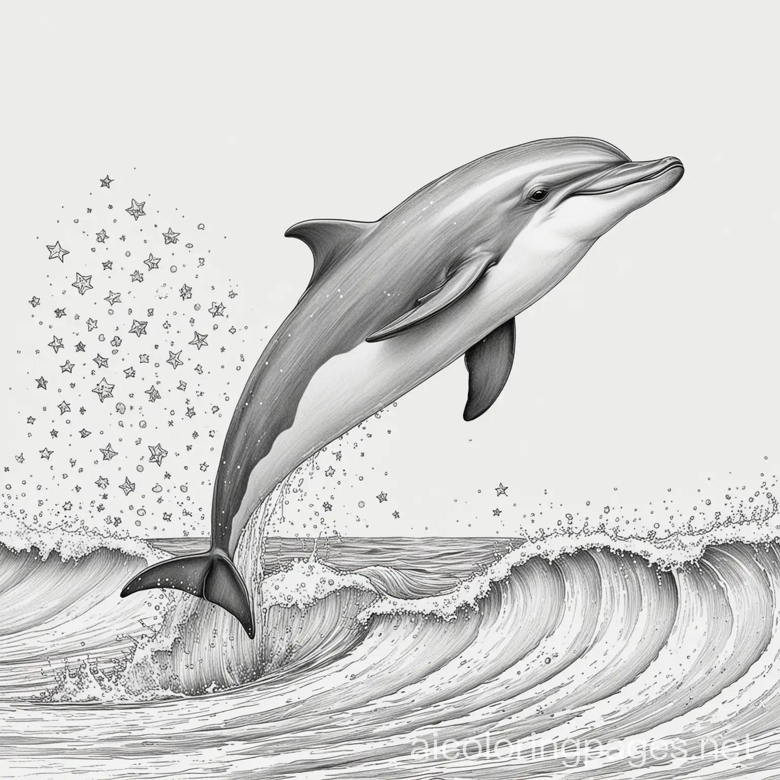 Dolphin - A playful dolphin jumping out of the water, surrounded by waves and little stars, Coloring Page, black and white, line art, white background, Simplicity, Ample White Space. The background of the coloring page is plain white to make it easy for young children to color within the lines. The outlines of all the subjects are easy to distinguish, making it simple for kids to color without too much difficulty