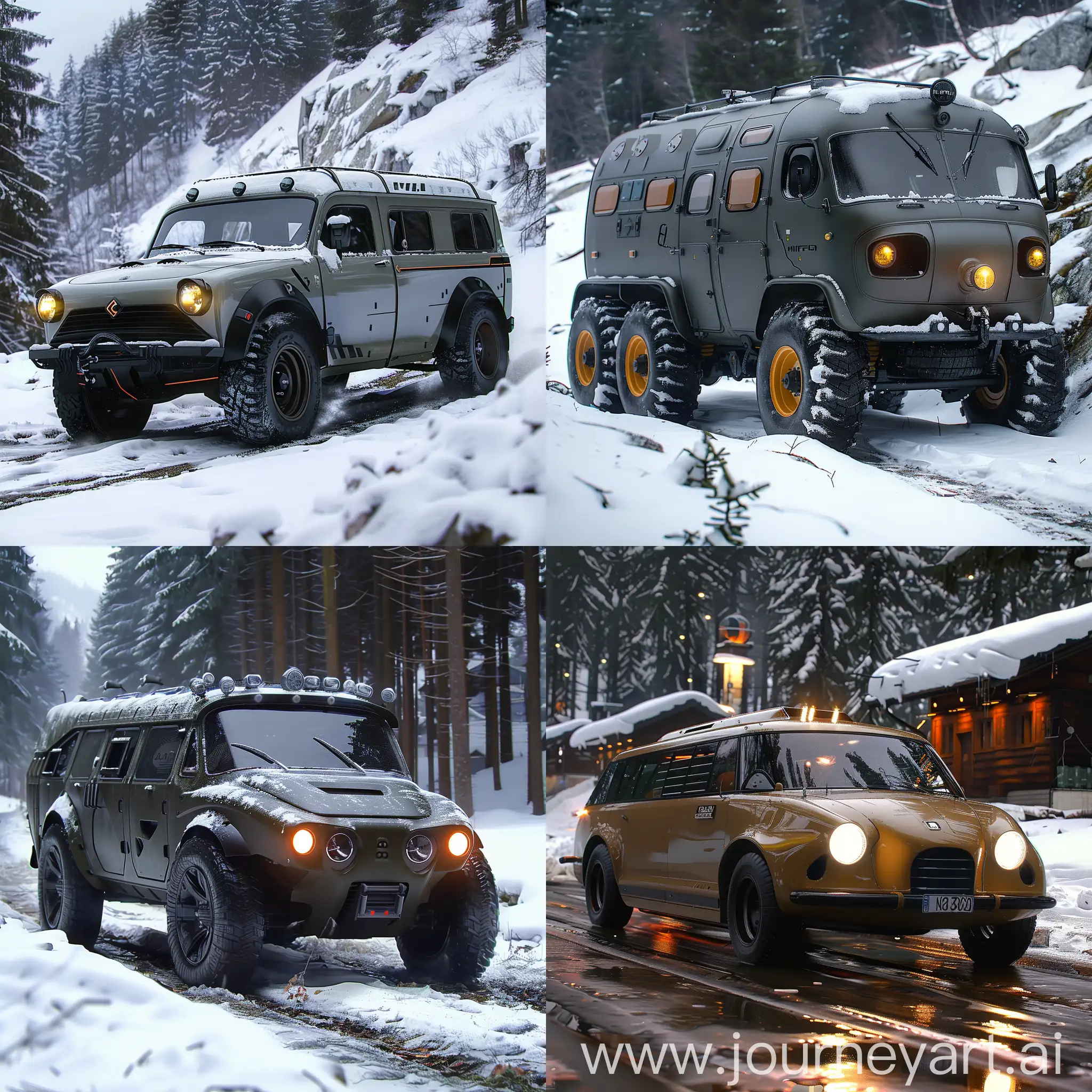 Futuristic:: UAZ-452 https://upload.wikimedia.org/wikipedia/commons/a/a1/UAZ-Bus.jpg, Autonomous Driving, Electric Powertrain, Advanced AI Integration, Holographic Heads-Up Display, Biometric Sensors, Advanced Safety Features, Modular Design, Self-Healing Materials, Energy-Efficient Lighting, Integrated Connectivity, LED Lighting, Touchscreen Infotainment System, Driver Assistance Systems, Keyless Entry and Start, Upgraded Suspension System, Advanced Safety Features, Comfortable Interior, Efficient Powertrain, Connectivity Features, Reinforced Chassis, Roll Cage, Armor Plating, Skid Plates, Upgraded Suspension, All-Terrain Tires, Heavy-Duty Bumpers, Rock Sliders, Upgraded Braking System, Enhanced Sealing, octane render --stylize 1000