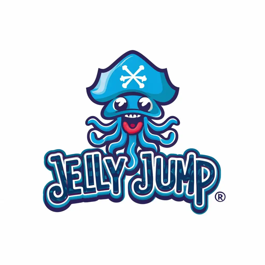 a logo design,with the text "Jelly Jump", main symbol:large words blue and white happy pirate jellyfish indoor playground ocean theme slides trampoline balls,Moderate,be used in kids indoor playground that has ocean theme and contain trampoline and slides and balls pool industry,clear background