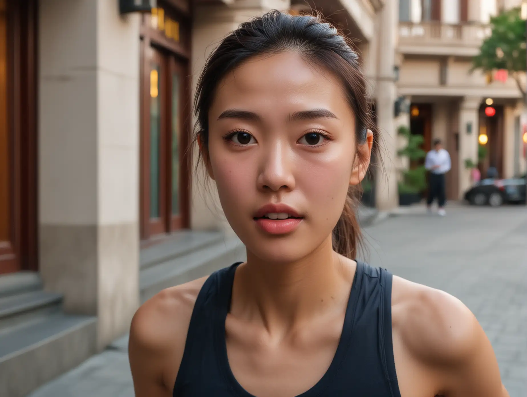 face of a stunned beautiful skinny chinese college athlete in tight running clothes outside an upscale hotel in shanghai at sunrise. she is blushing and breathless, her lips parted, staring at the camera with an intense look of wonder and amazed excitement. she is not wearing makeup and is sweaty from a run.