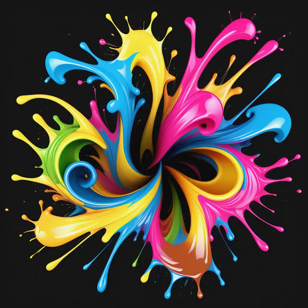 Colorful CMYK Abstract Paint Splash Swirls on Black Background