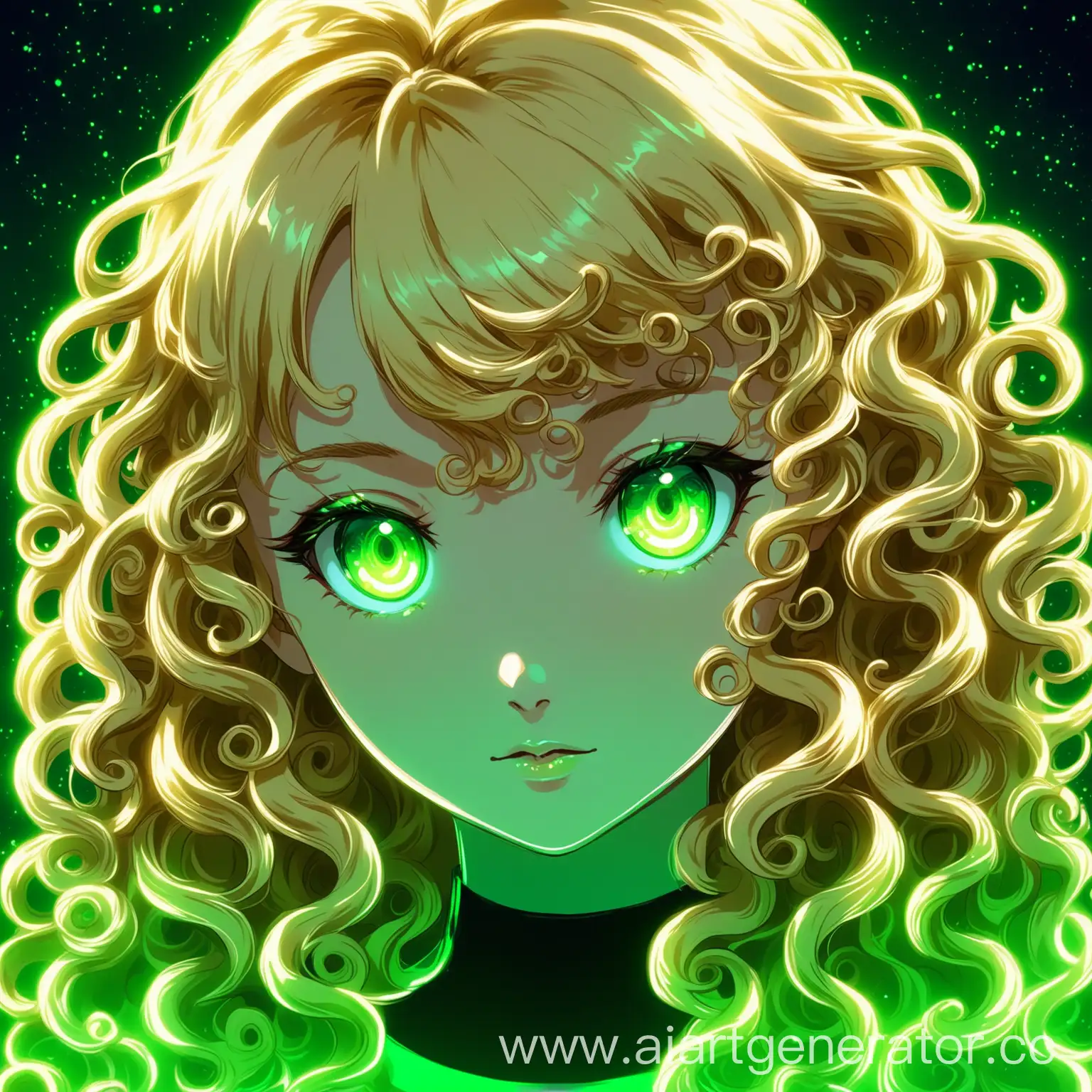 anime style. young girl portrait. enchanting girl with blonde gold curly hair, green eyes. neon green lights background