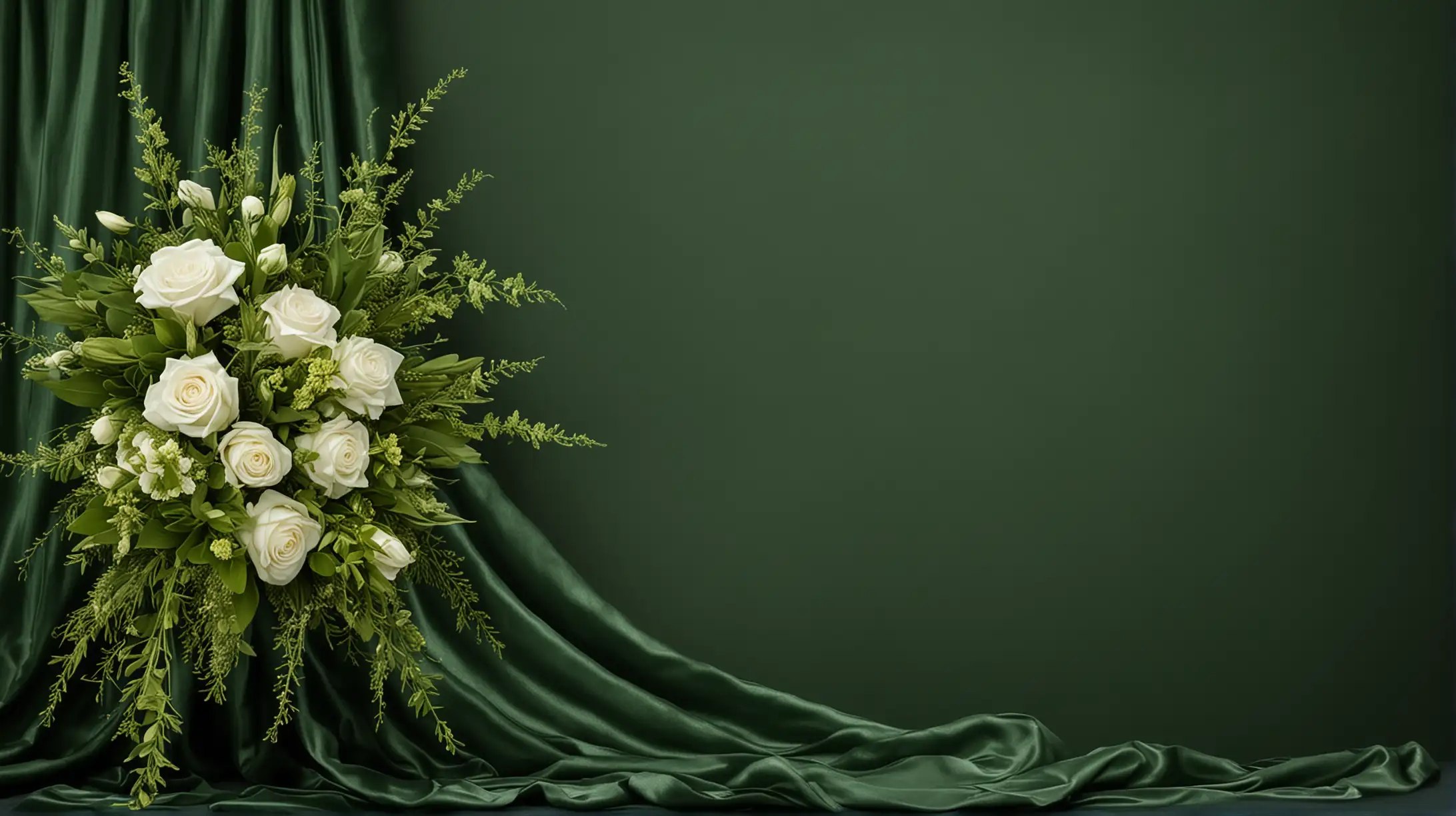 left side border, draped green fabric, on left part of beautiful funeral bouquet, large green velvet background
