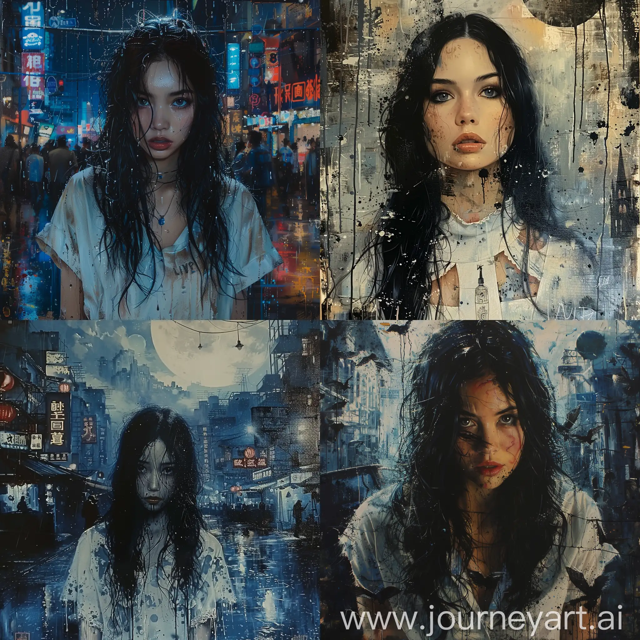 Surrealism::1.3 woman with white hospital gown, standing in in the middle of a city street at night with black and blue hues, the woman has long black hair and has bloodied bandages around her wrists, there is rain falling and her eyes are sapphire blue, --s 500