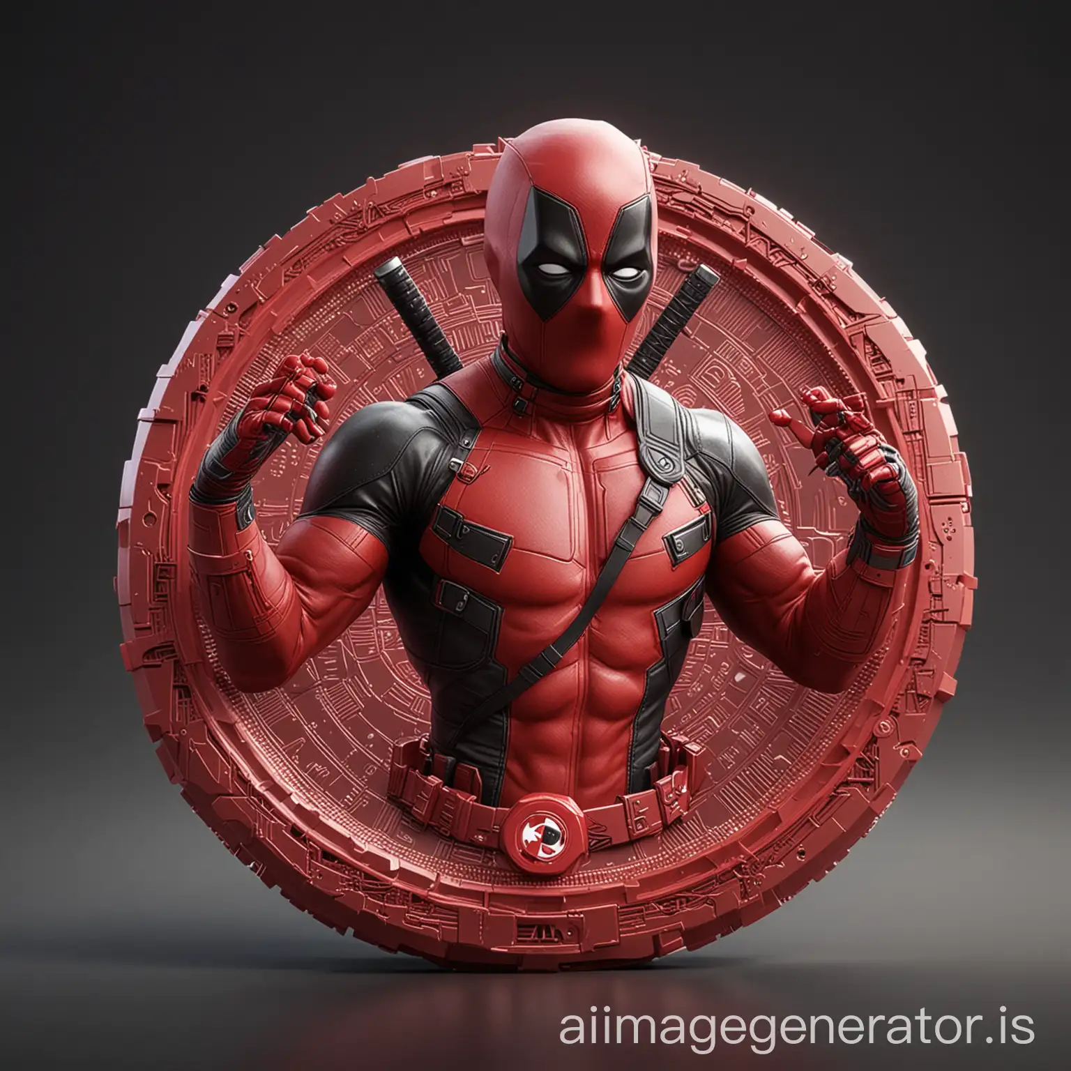 Futuristic all red crypto currency token with deadpool on the front of the token in 3d