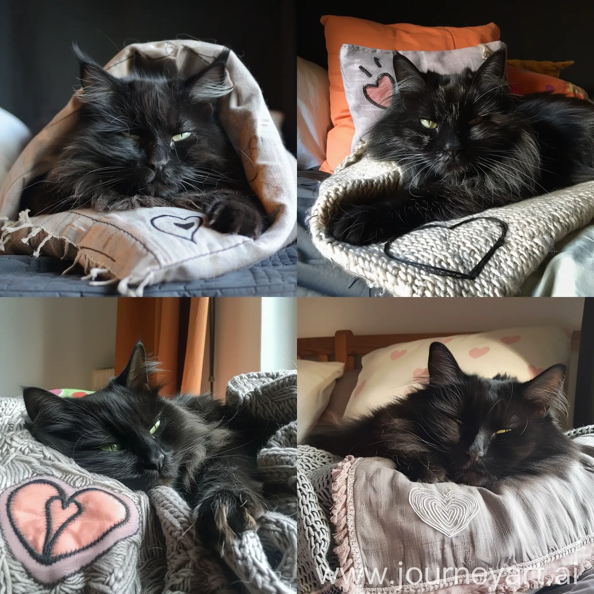 Чёрная, пушистая кошка с полузакрытыми зелёными глазами засыпает на подушке, укрытая одеялом, на этом одеяле нарисовано сердечко