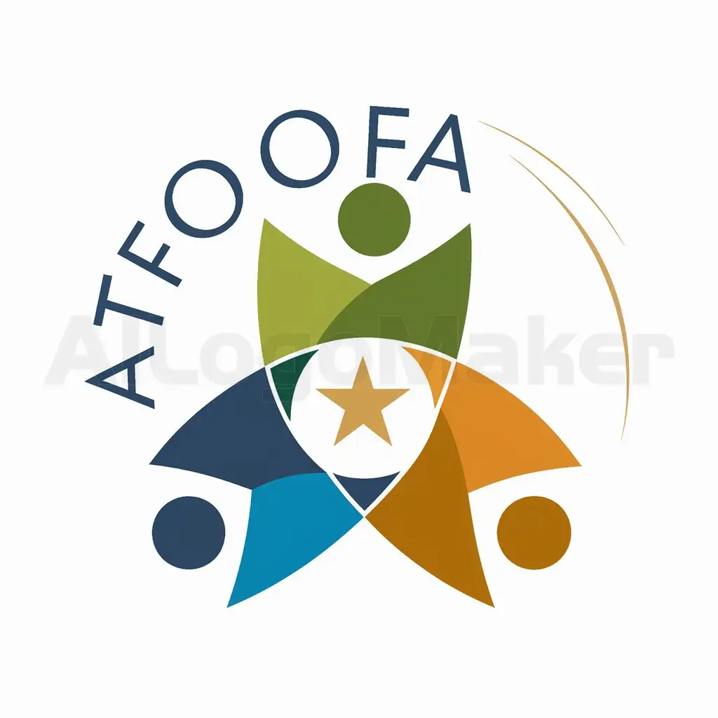 a logo design,with the text "AFOOFA", main symbol: The logo for "AFOOFA" is a vibrant, modern design that embodies unity and collective strength. It features three interlocking figures, each represented by a distinct color—blue, green, and orange—symbolizing diversity, growth, and energy. These figures form a circle, representing wholeness and inclusivity. At the center of the circle is a golden star, symbolizing excellence and the guiding principle that together, everyone achieves more. The simplicity of the design ensures versatility across various media, while the bold, contrasting colors convey a message of optimism and collaboration. The typography is clean and contemporary, with the phrase "AFOOFA" gracefully curved around the top of the circle, reinforcing the idea of unity and mutual support.,Moderate,be used in Internet industry,clear background