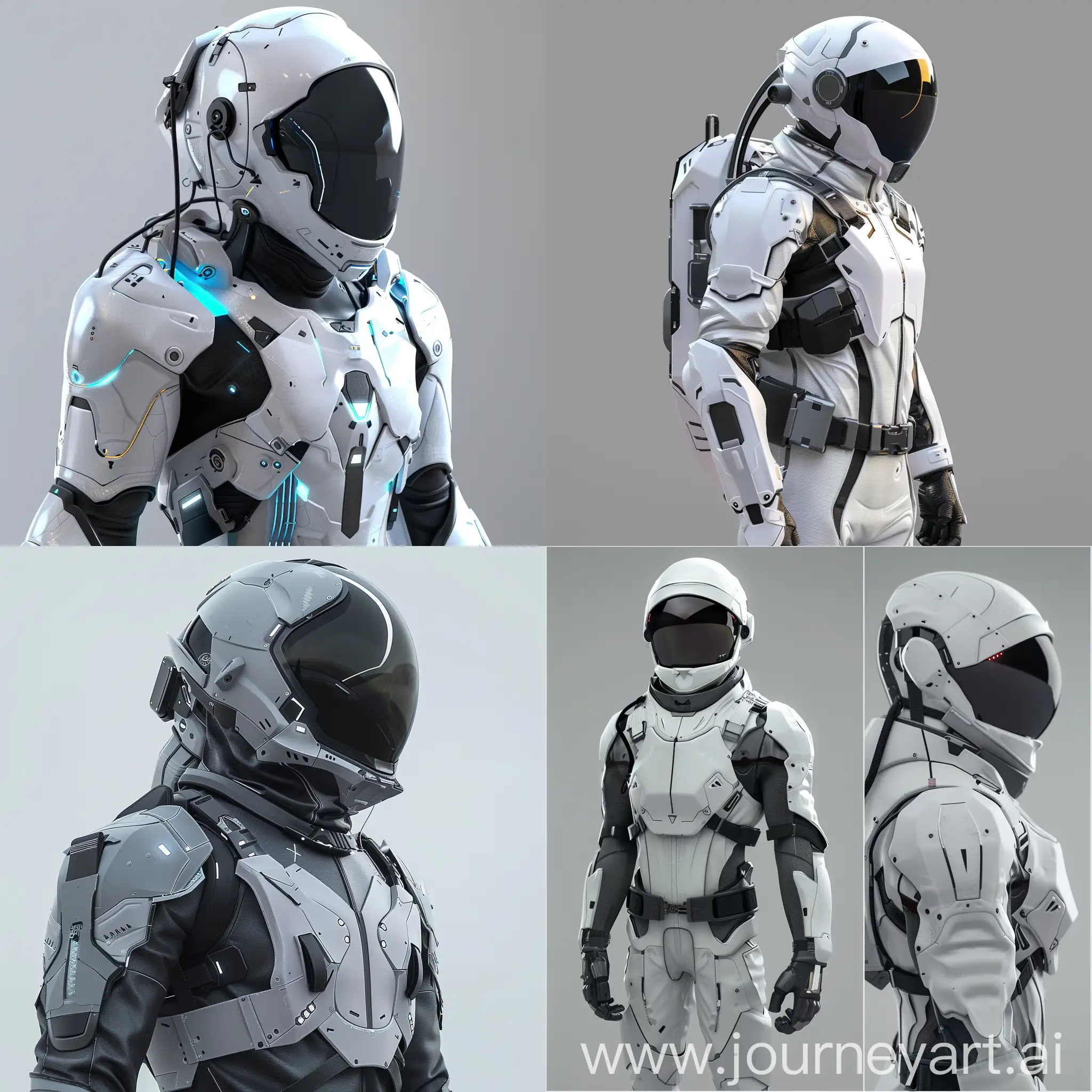 Futuristic space suit, Self-Healing Nanobody, Augmented Reality Visor, Integrated Jetpack, Advanced Life Support System, Biometric Monitoring Suit, Electromagnetic Shielding, Morphing Design, Hypersonic Travel Suit, AI Companion Integration, Neural Interface, Aerodynamic Silhouette, Kinetic Overlays, Metallic Sheen, Modular Panels, Integrated Utility Lines, Organic Textures, Asymmetrical Design, Light Sculptures, Personalized Touches, Visor Design, in unreal engine 5 style --stylize 1000