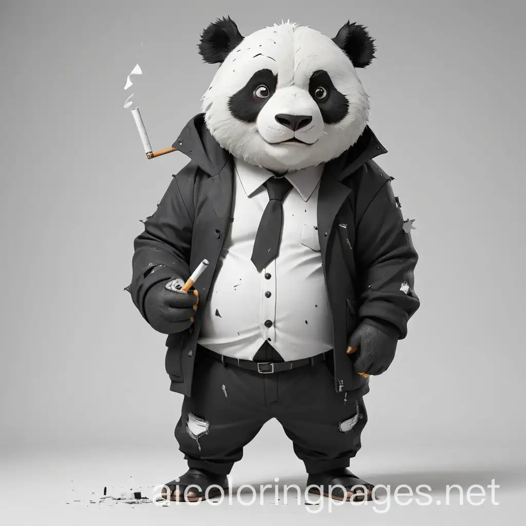 Panda is a gang leader wearing a torn suit and carrying a cigarette, Coloring Page, black and white, line art, white background, Simplicity, Ample White Space. The background of the coloring page is plain white to make it easy for young children to color within the lines. The outlines of all the subjects are easy to distinguish, making it simple for kids to color without too much difficulty
