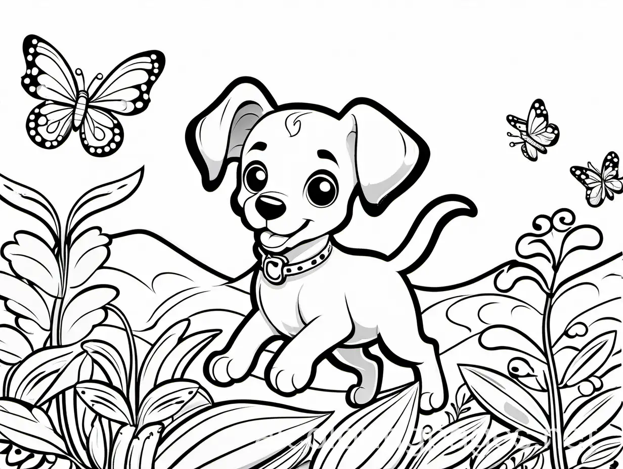 a cute puppy chasing butterflies, an black outline sketch on white background, Coloring Page, black and white, line art, white background, Simplicity, Ample White Space. The background of the coloring page is plain white to make it easy for young children to color within the lines. The outlines of all the subjects are easy to distinguish, making it simple for kids to color without too much difficulty