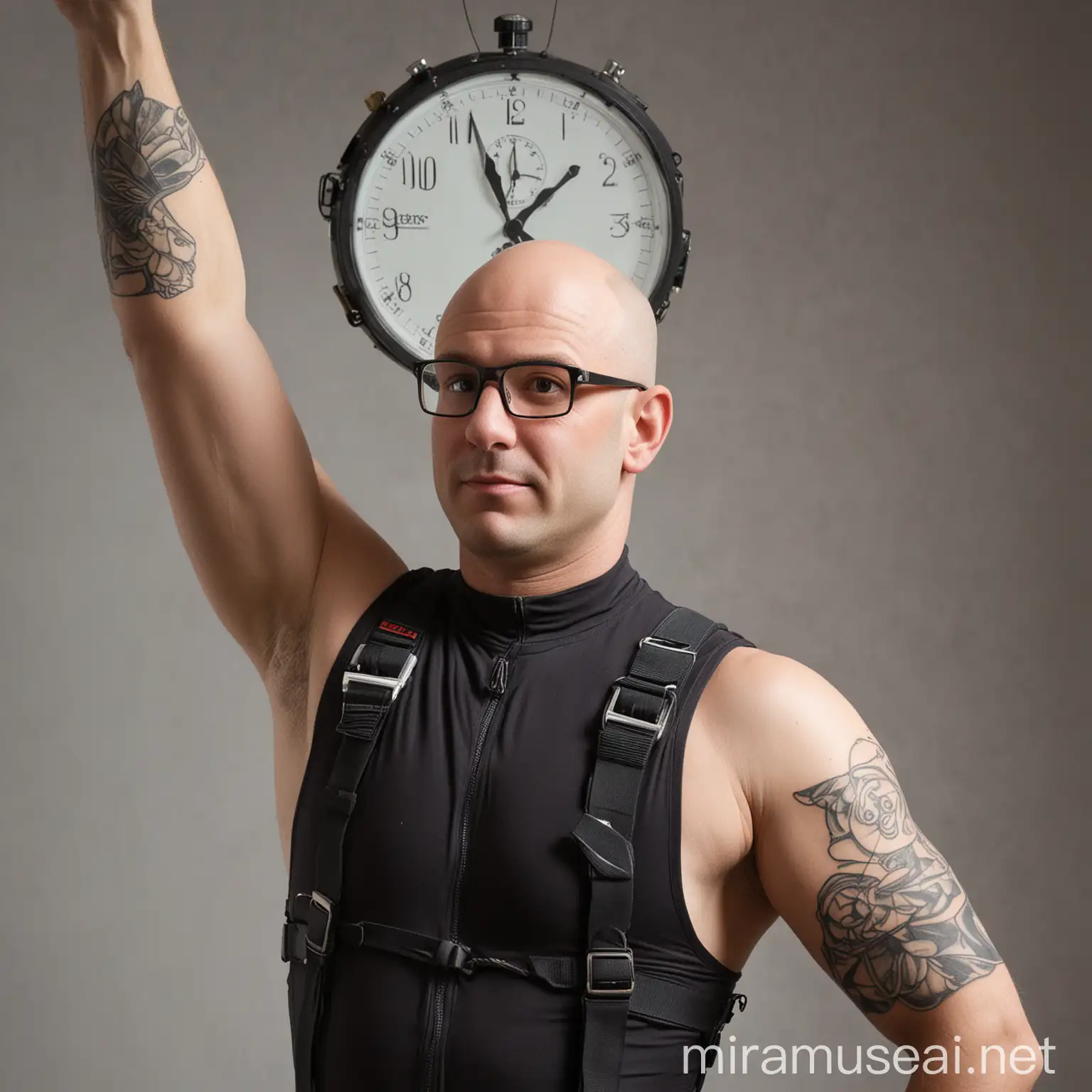 Male, white, semi-bald, skydiver, pilot, tall, glasses, 5´o clockshade, carpenter, architect, tatoo on left underarm.