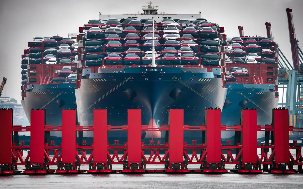 A REAL Image of a harbor filled with HUGE Ships carrying millions of cars and very clearly visible. The ships are unable to depart, blocked by large, very visible bold red "restricted access" signs.