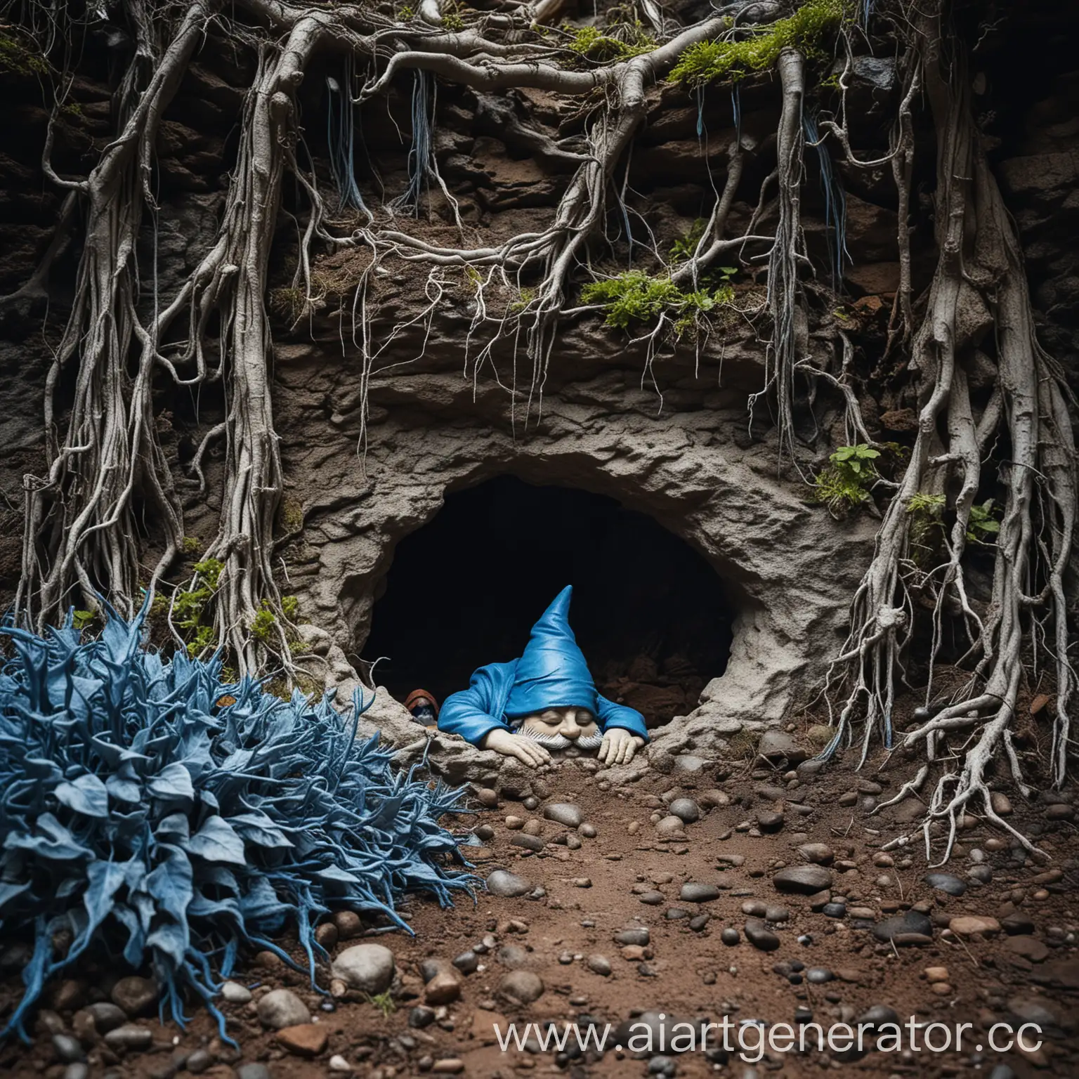 брутальный каменный гном спит в волшебной пещере спрятавшись за синими корнями