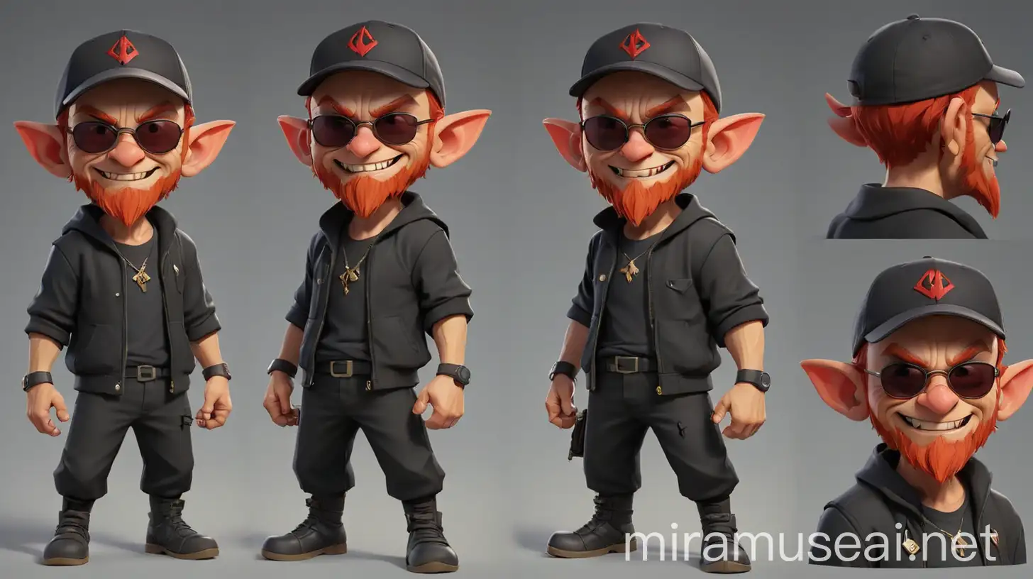 low poly character sheet chibified bald goblin man short red beard round black sunglasses black baseball cap evil grin