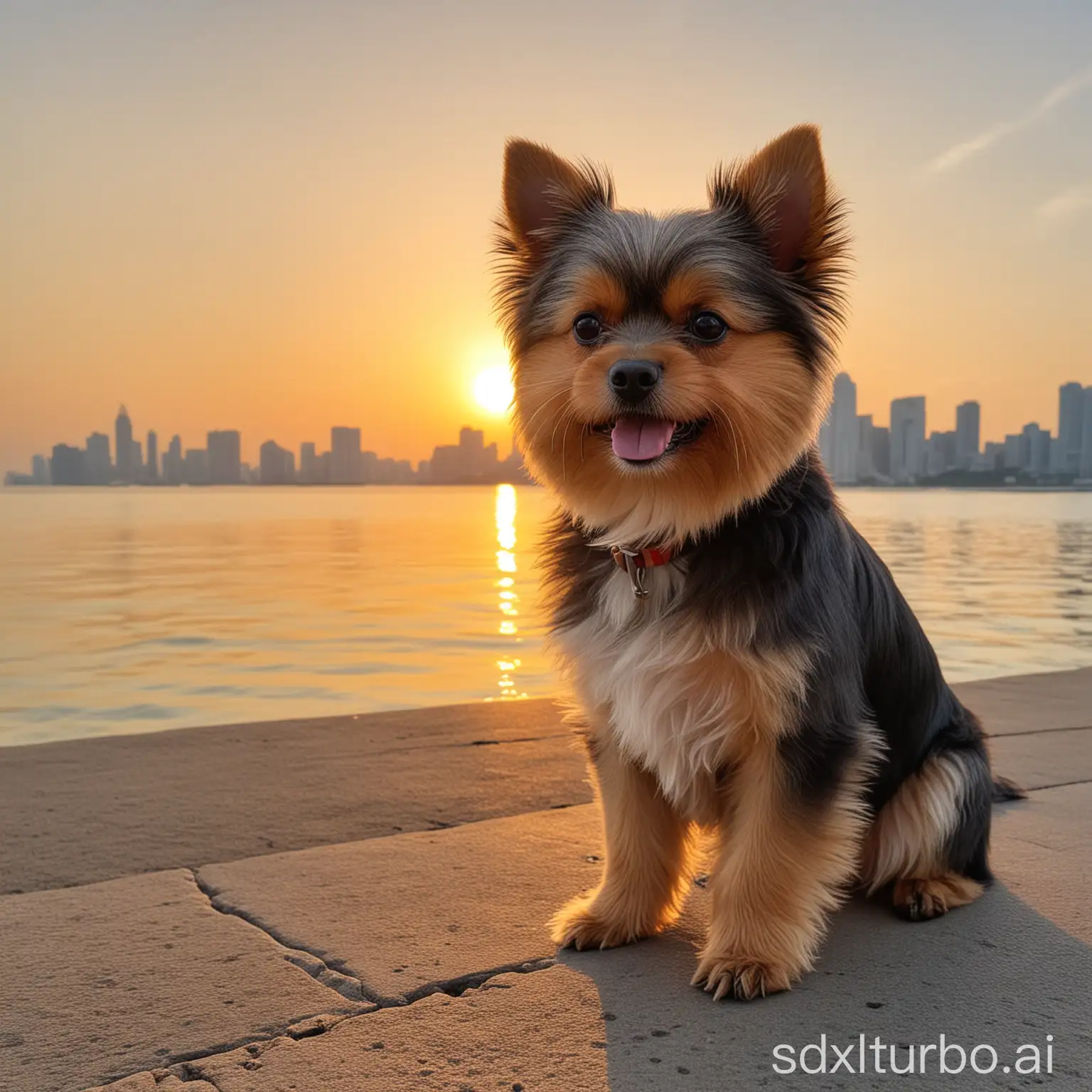 yorkshire terrier is playing with a Pomeranian in Tamsui  at Taiwan,and the sunrise at the background