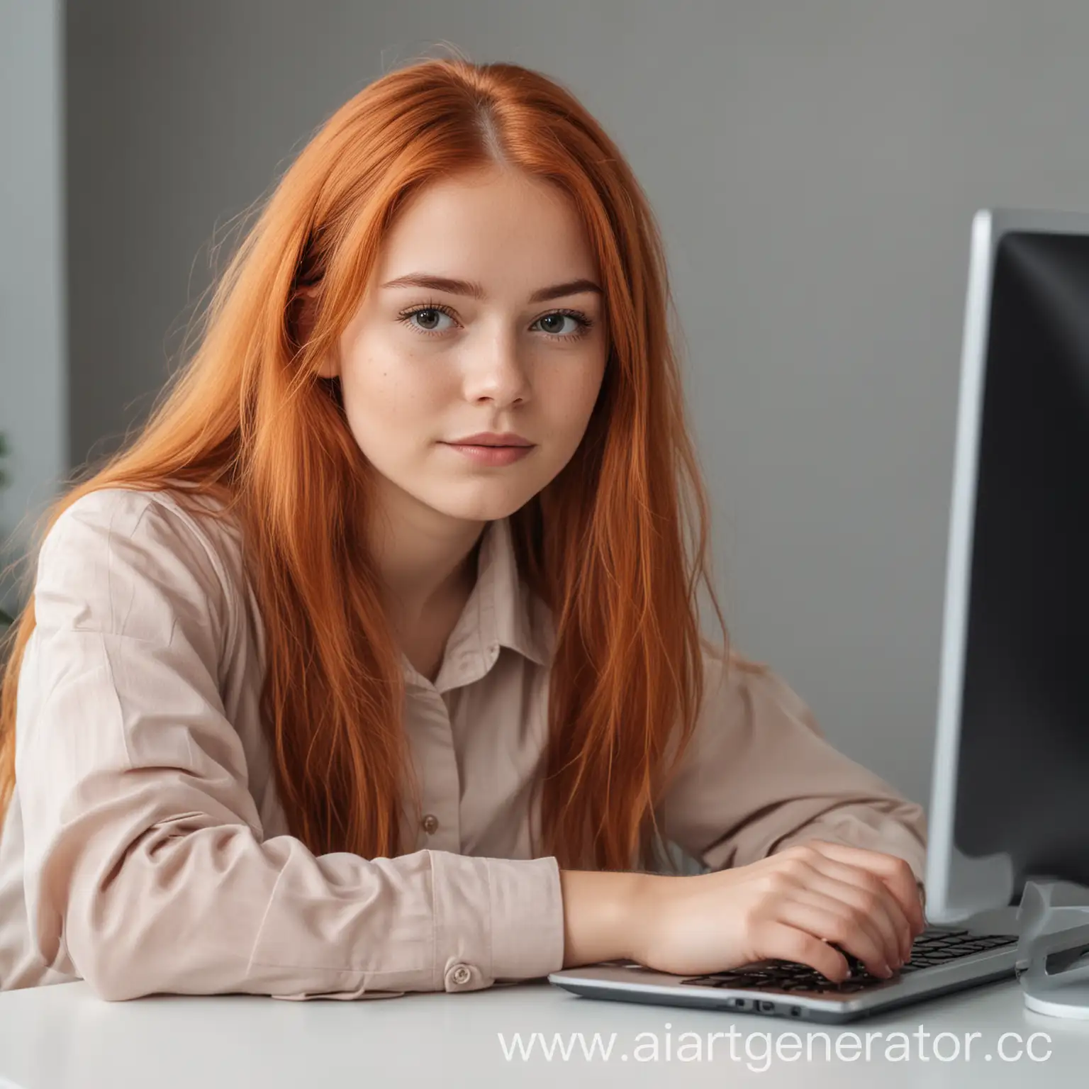 young product manager girl with copper hair sitting near to computer
