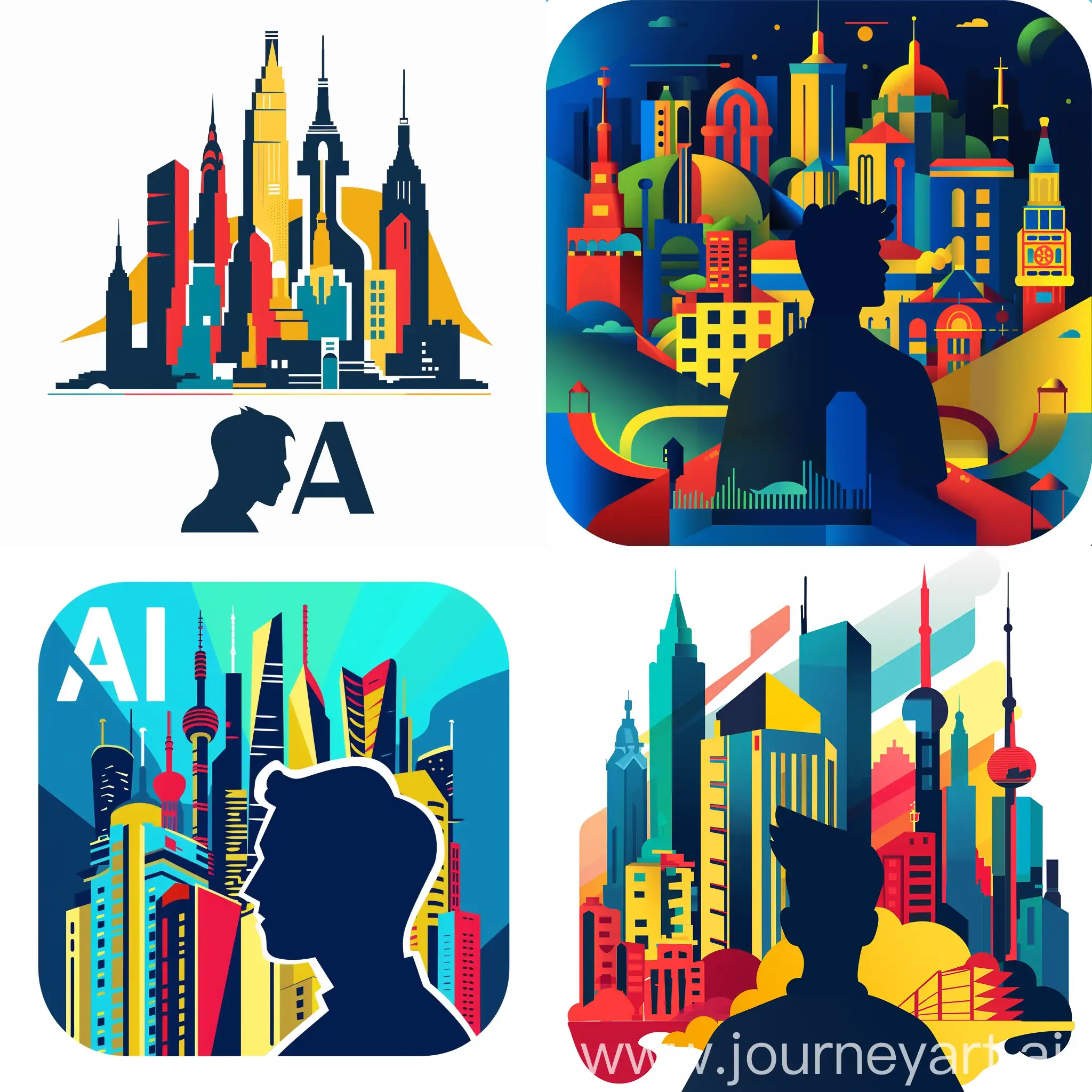 Design a vibrant and captivating logo for the AI Touristic Explorer for Cities mobile application. The logo should prominently feature elements that represent a city, such as iconic buildings, landmarks, or a skyline. Additionally, include the silhouette of a person (a male tourist) observing the cityscape, ensuring the figure is in shadow and not distinctly visible, so the emphasis remains on the city itself. The color scheme should be lively, with a particular focus on blue, red, yellow, and green to evoke a sense of adventure and exploration. The main highlight of the logo should be the dynamic and diverse aspects of urban environments, creating an inviting and exciting visual identity for the application.