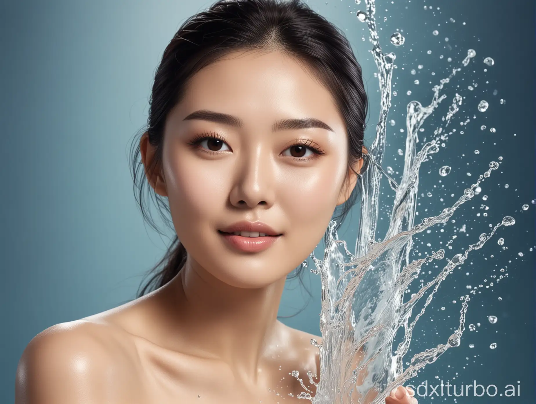 Water background, an advertisement for a skincare product featuring an Asian character.