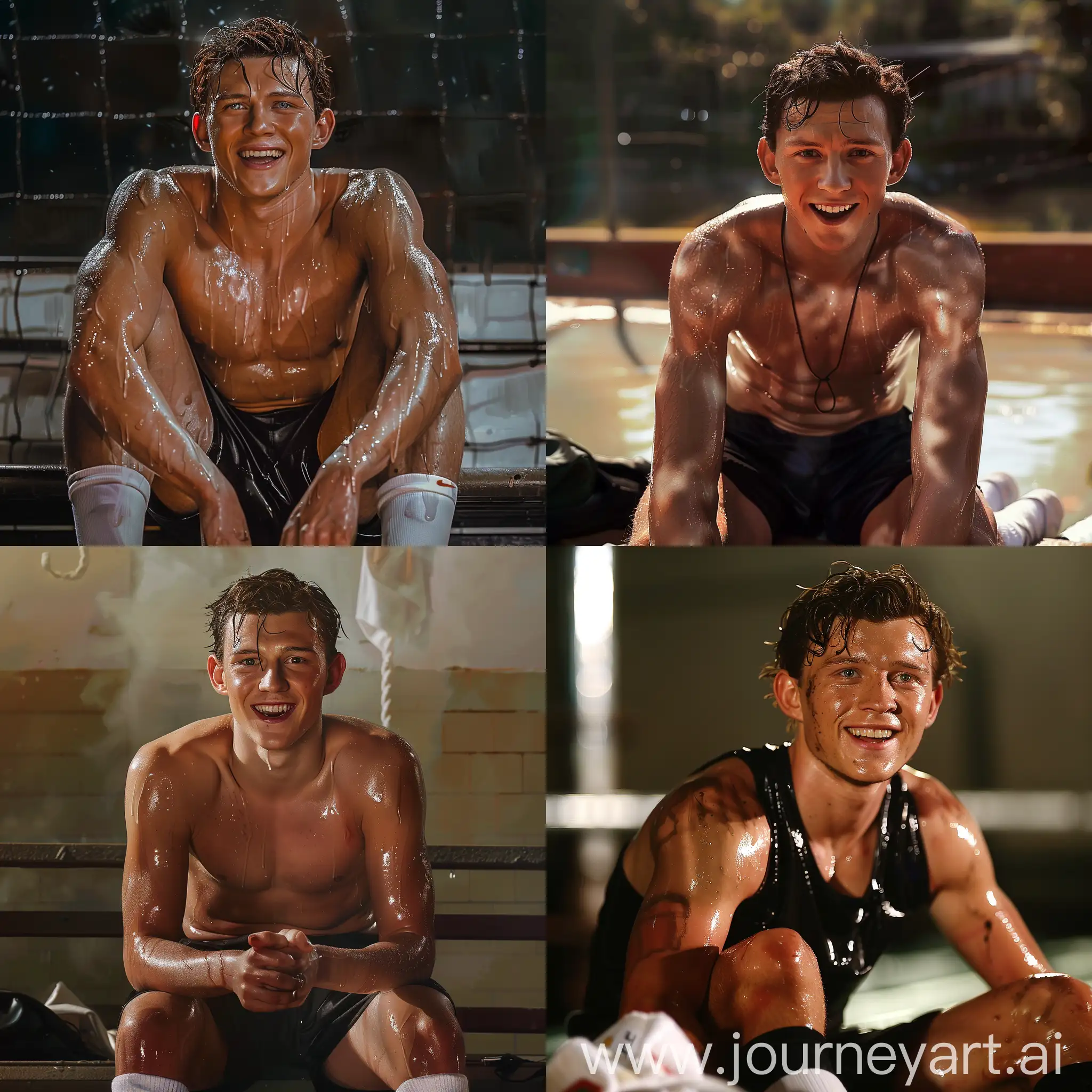Realistic, photo realistic, Handsome Tom Holland wearing black small soccer shorts, good looking fit Tom Holland wearing soccer shorts, sweaty glistening body, sweaty hair, handsome cute Tom Holland face, smiling, with his eyes white, with white milky blank eyes color, wearing soccer white socks and sneakers, sitting on a bench