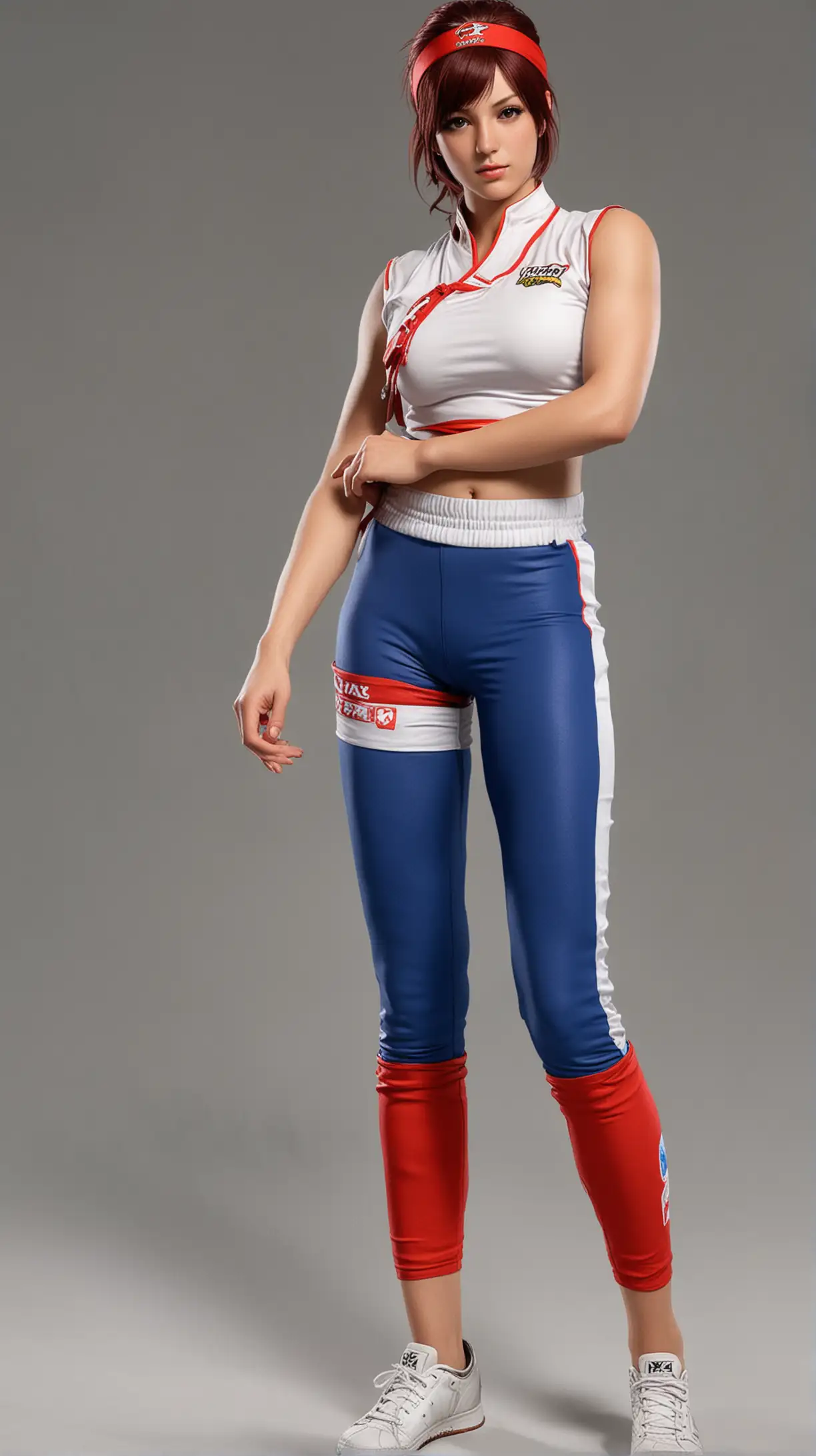 Japanese Female Karate Fighter with Red Headband in Blue Leggings