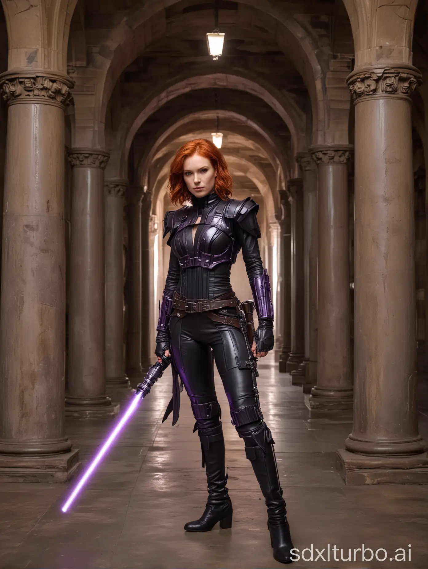 A red-haired woman in a leather outfit holds a lightsaber. She stands in a hallway with arches and pillars. The lightsaber is purple and has a metal handgrip.
