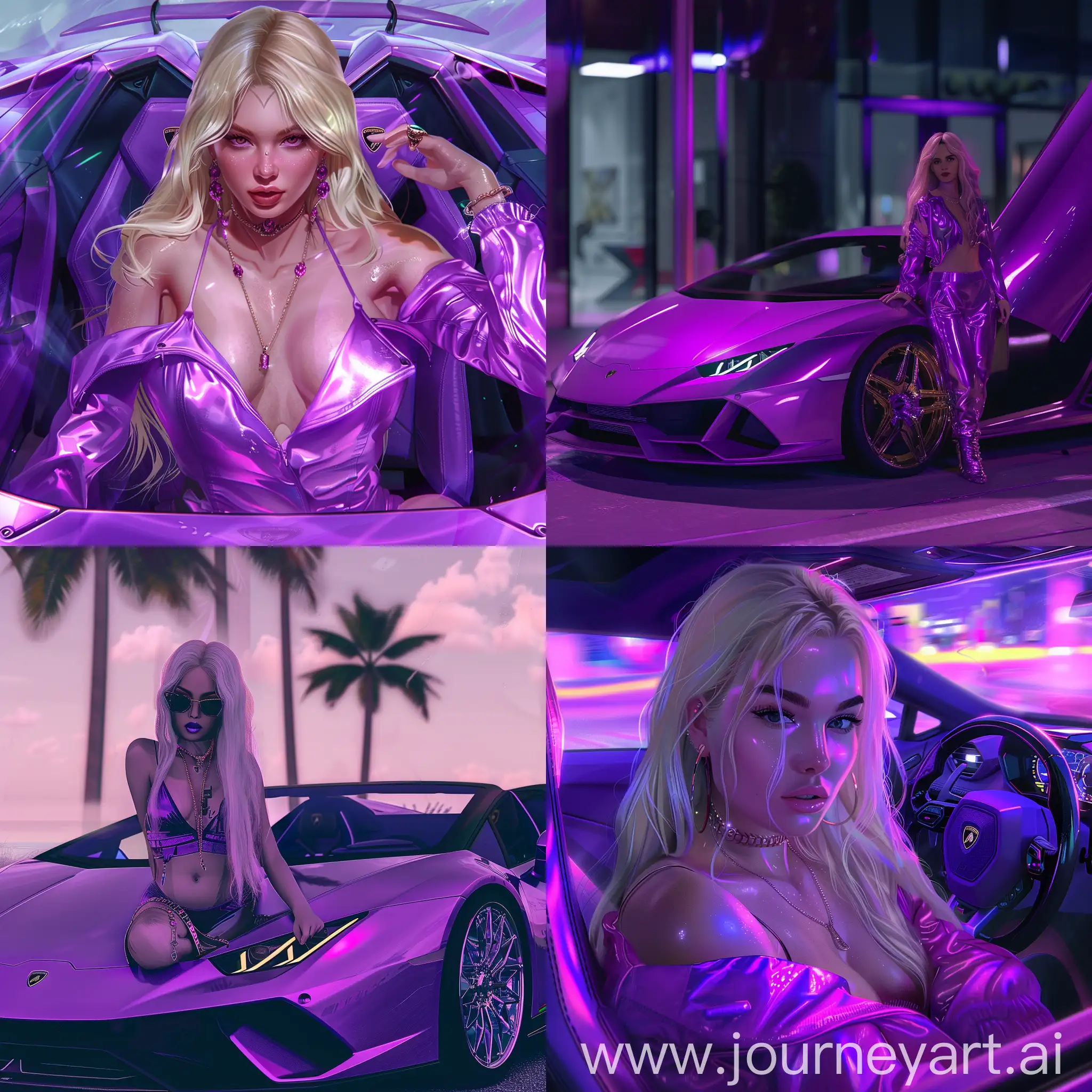 Blonde-Woman-Driving-Purple-Lamborghini-Receiving-Virtual-Gifts