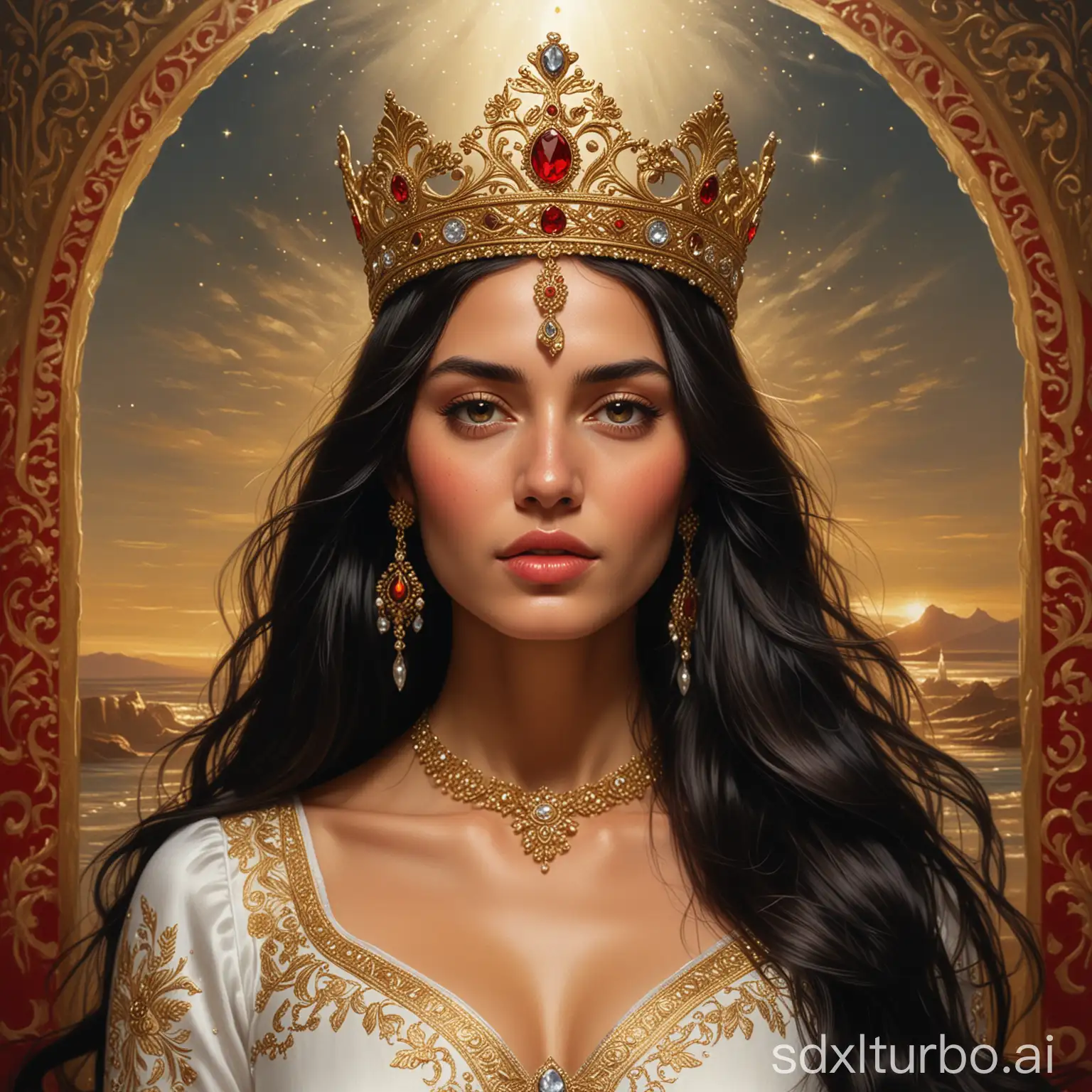 The image depicts a woman with long, dark hair wearing a gold crown with a large, ornate design. The crown is adorned with a large, sparkling diamond at the top, and the woman is wearing a white dress with gold embroidery. The background is dark and blurred, creating a sense of depth and drawing focus to the woman and her crown.red sea