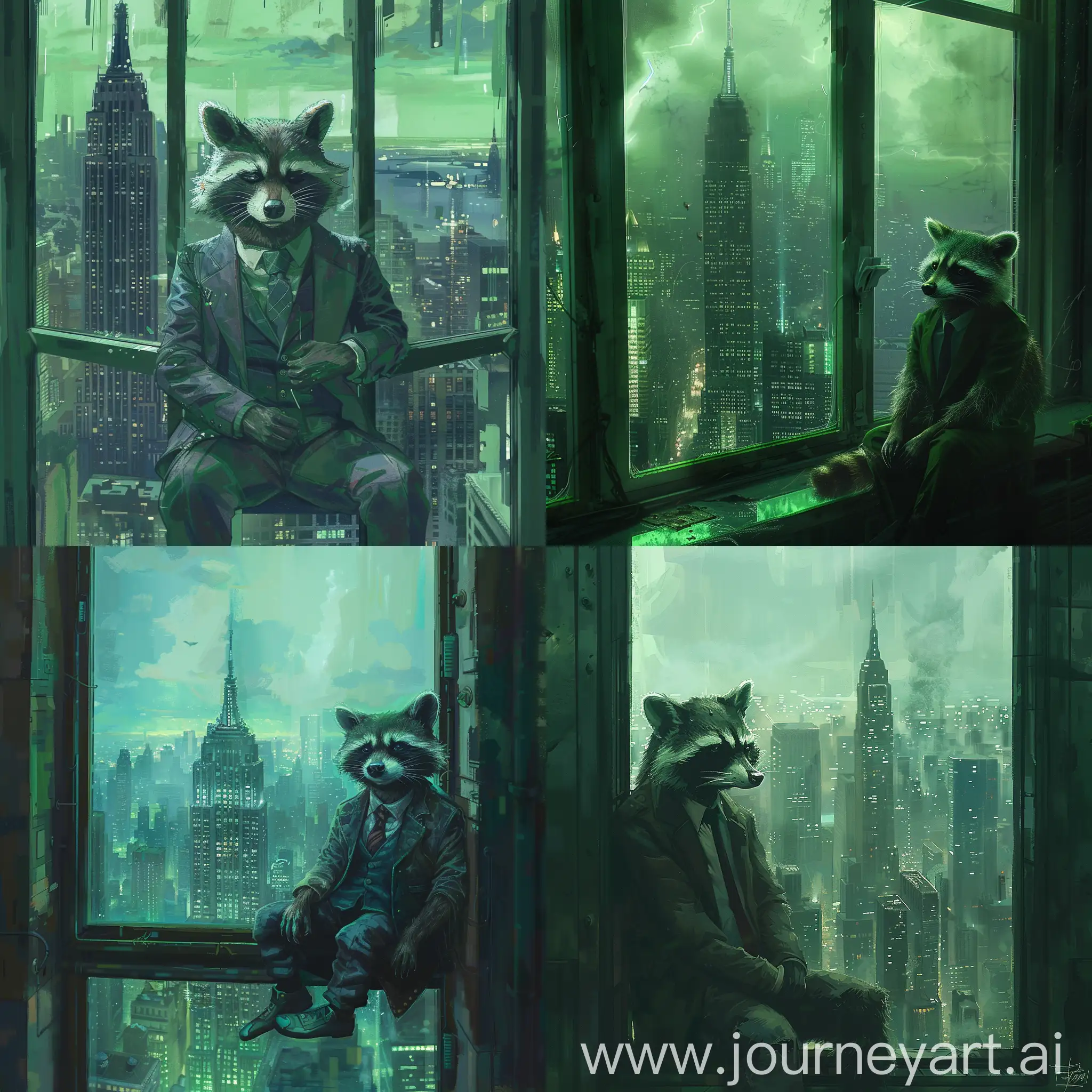 Urban-Wildlife-Raccoon-in-Business-Suit-Observing-Green-City-from-Skyscraper-Window