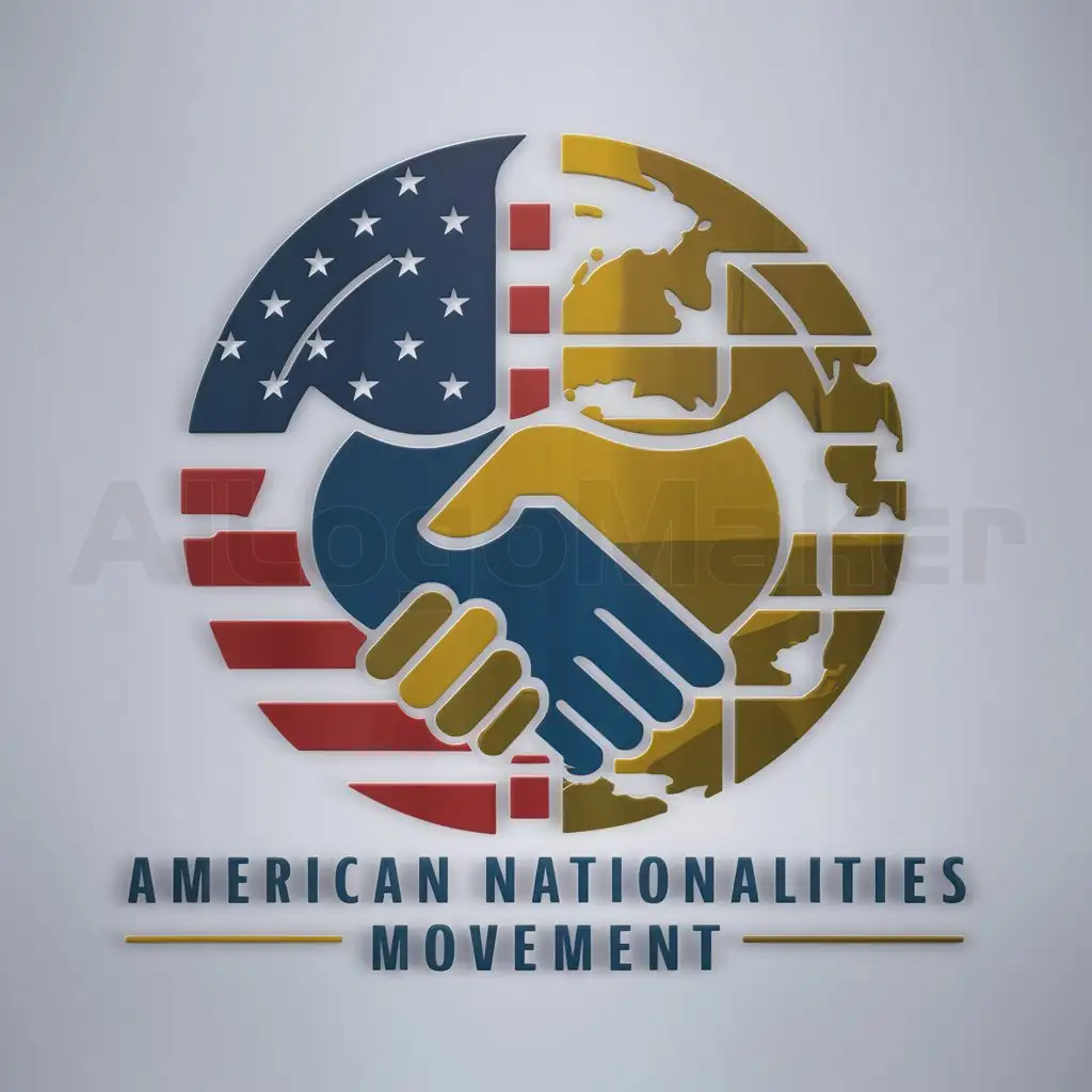 a logo design,with the text 'American Nationalities Movement', main symbol:American and world flag with shaking hands in the middle.  Make the hands a little lighter,Moderate,clear background