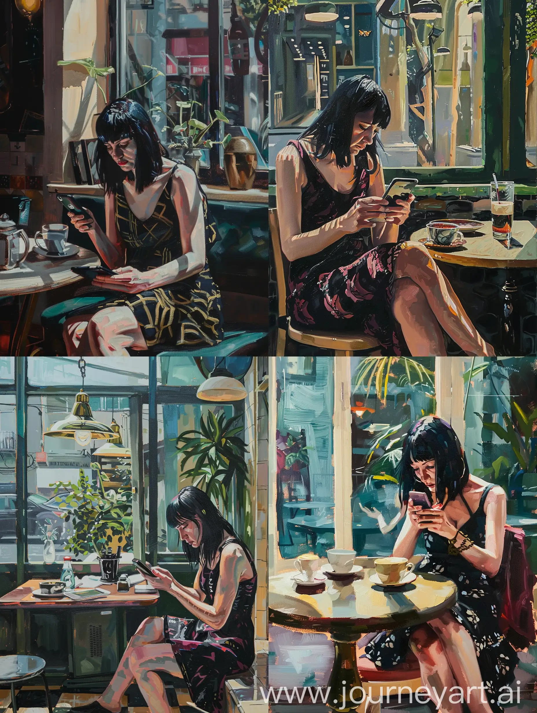 The genre oil painting features a realistic style with a focus on capturing everyday life moments. It depicts a man in a contemporary setting, engrossed in her smartphone while seated cafe, surrounded by domestic elements and a view of greenery outside.