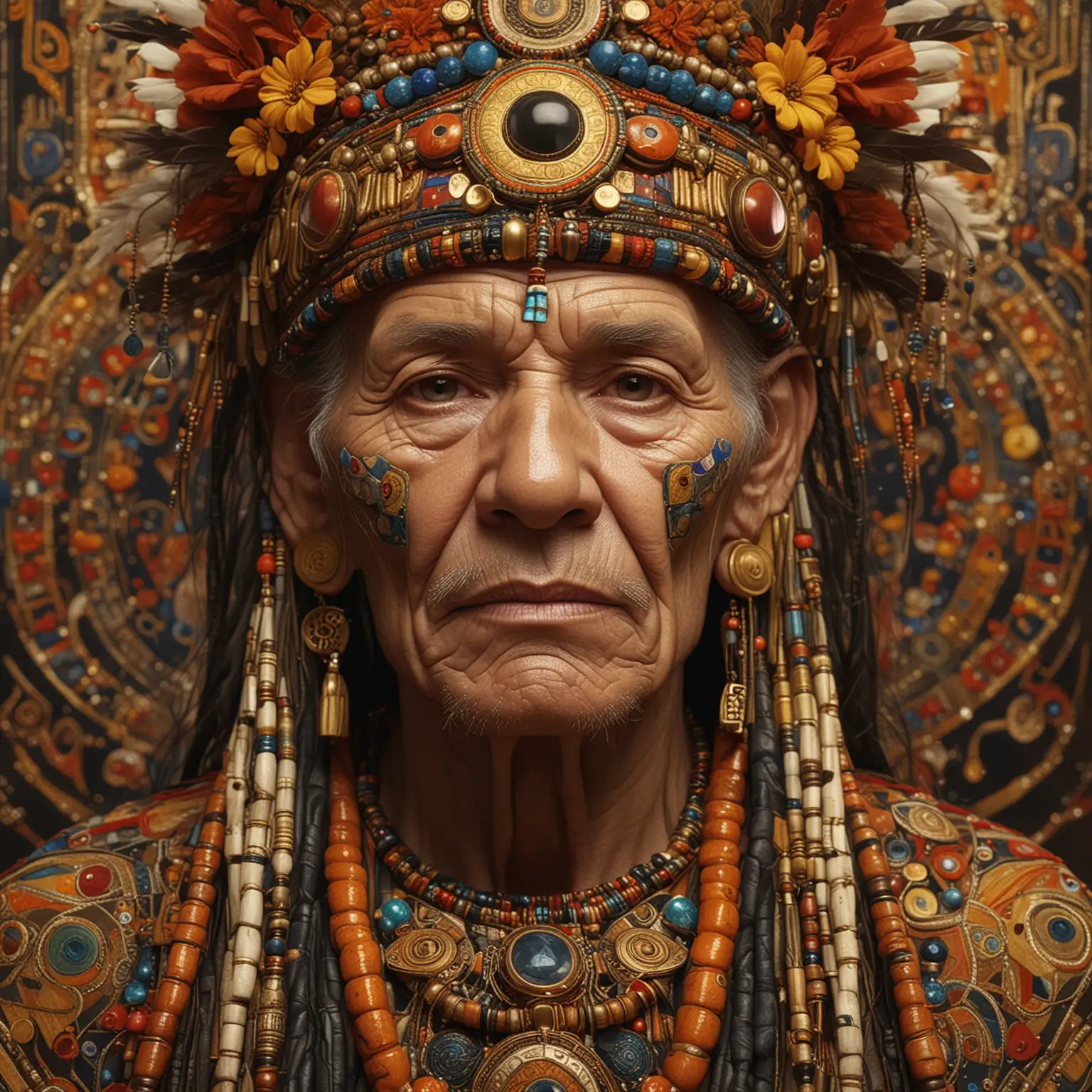 Realistic Elder Shaman Portrait with Intricate Tribal Art and Warm Hues