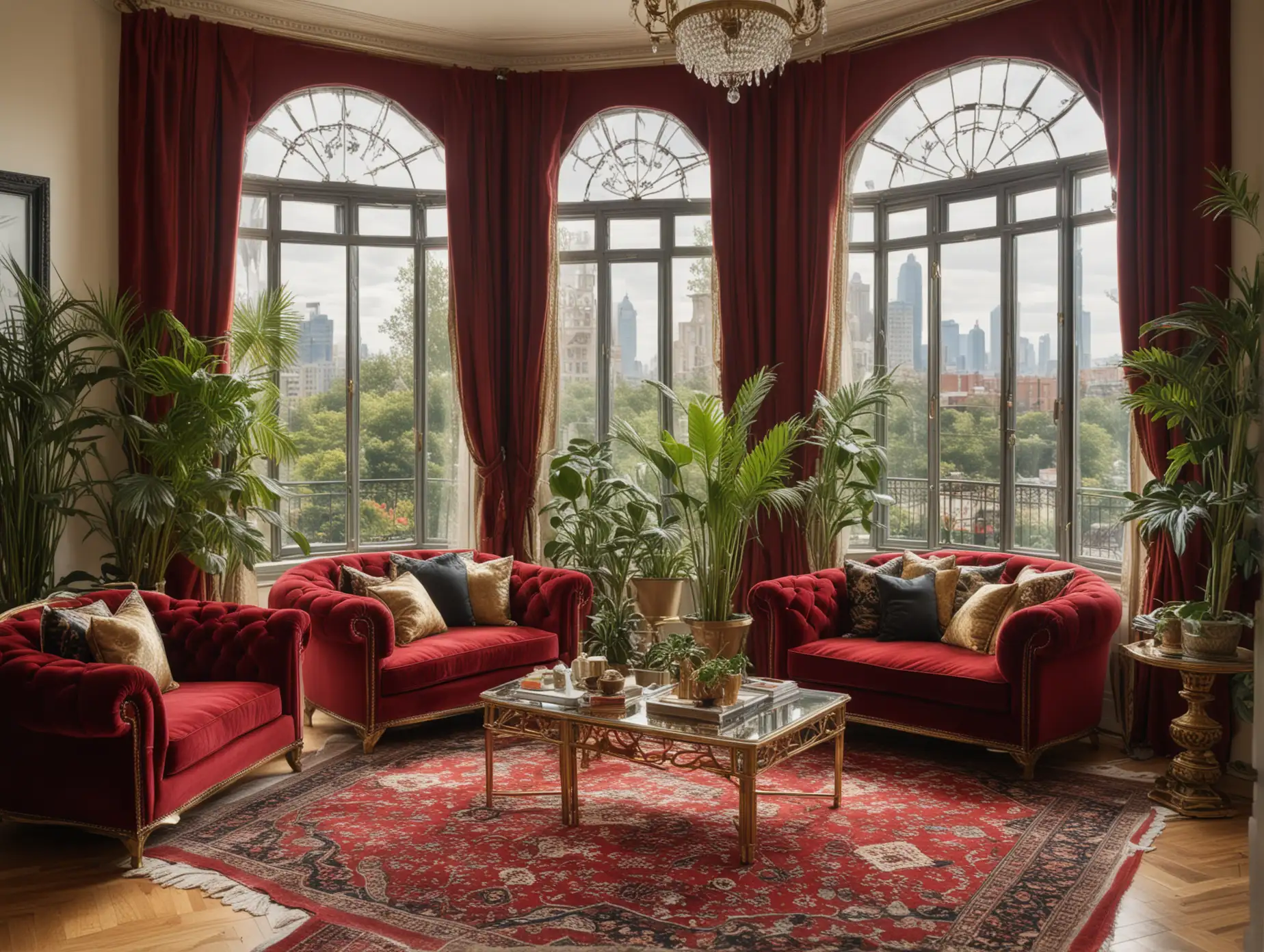 A lavish Art Deco sitting area featuring a deep red velvet sofa, gold and black throw pillows, a glass coffee table with gold accents, and a richly patterned Persian rug. House plants in metallic planters add a touch of greenery. The wide shot showcases tall windows with arched frames, offering a sunny view of a bustling cityscape, with light streaming in and casting intricate shadows on the parquet floor.