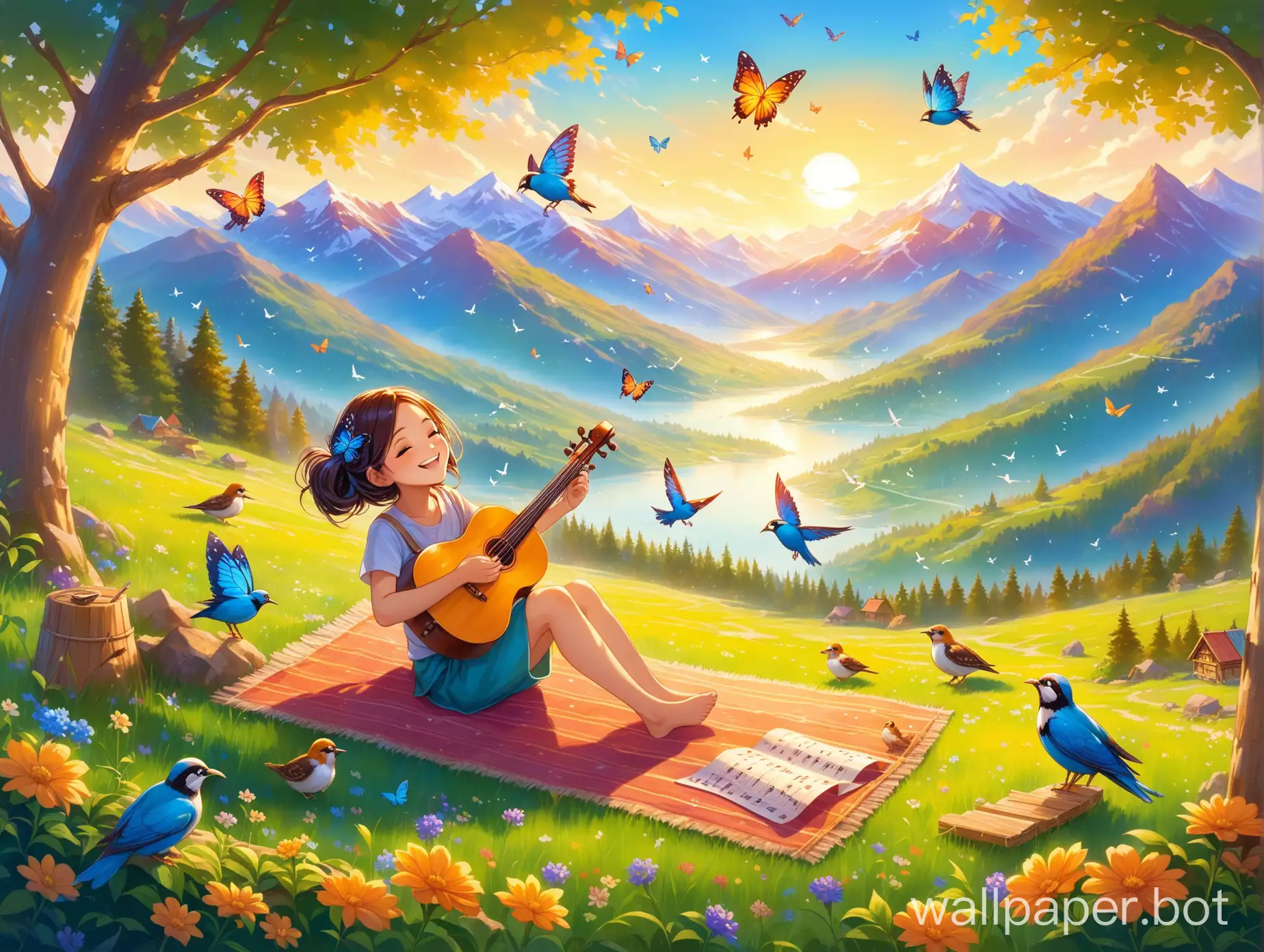 A boney enjoying in the nature relaxing by laying down humming  a melody song with surroundings of birds , mountains , butterflies  and a canvas with paints  all smiles everywhere