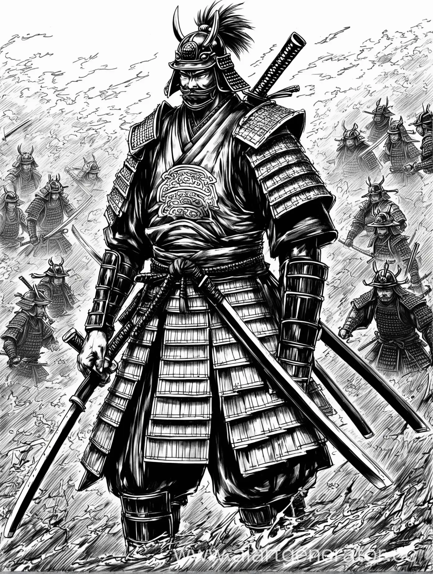 Samurai-Warrior-with-Katana-Swords-in-Monochrome-Sketch