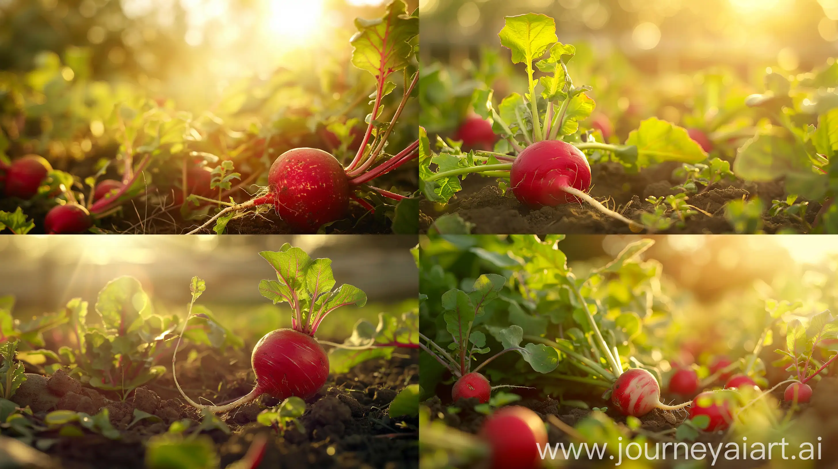 High detailed photo capturing a Radish, Early Scarlet Globe. The sun, casting a warm, golden glow, bathes the scene in a serene ambiance, illuminating the intricate details of each element. The composition centers on a Radish, Early Scarlet Globe. One of the most popular home garden varieties of the past 100 years. Early, high-yielding, this heirloom radish favorite produces uniform, bright red globes with crisp, tender, juicy and mild white flesh.. The image evokes a sense of tranquility and natural beauty, inviting viewers to immerse themselves in the splendor of the landscape. --ar 16:9 